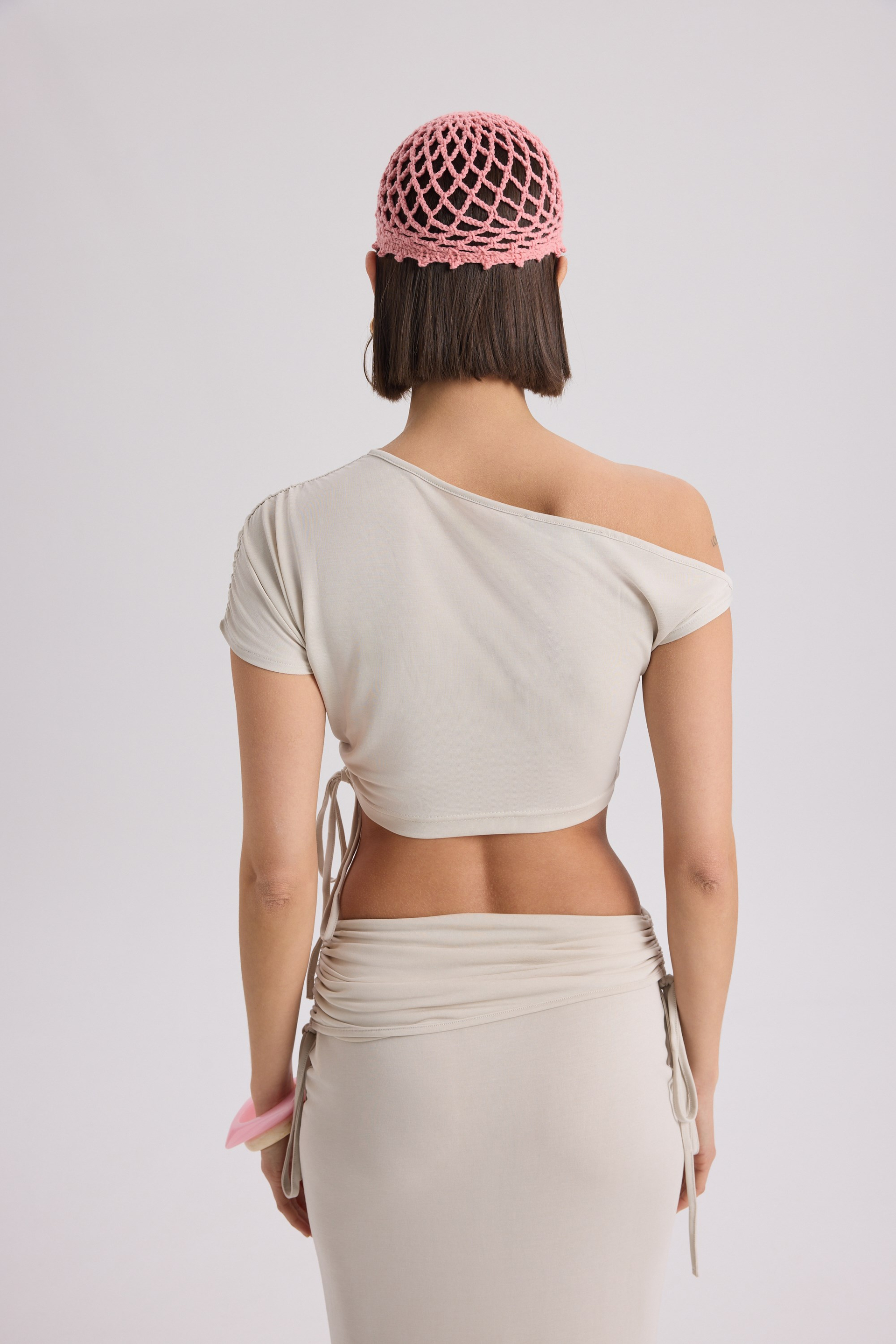 Ivan Ruched Beige Crop Skirt Set