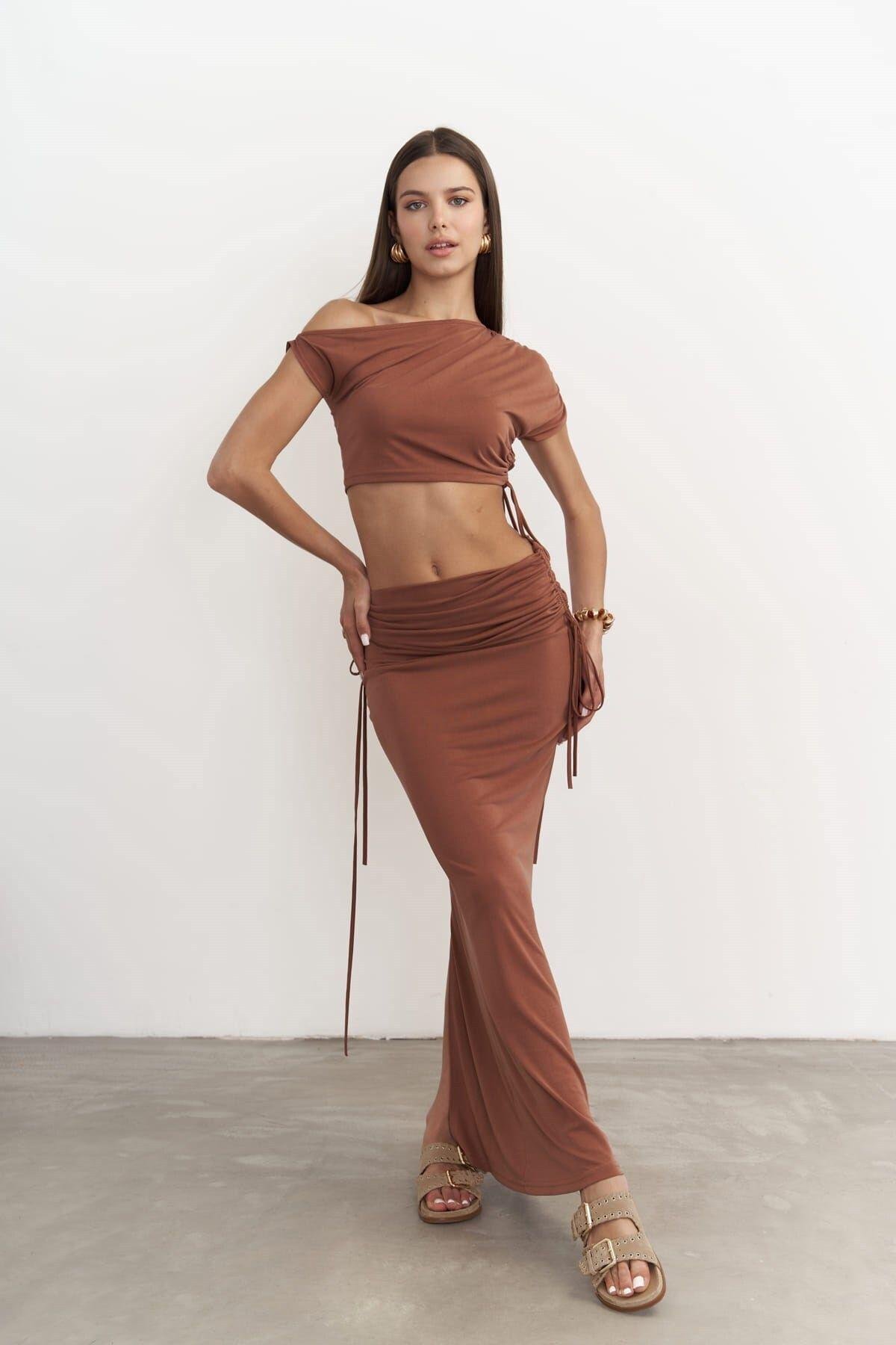 Ivan Büzgülü Kahve Crop Etek Takım