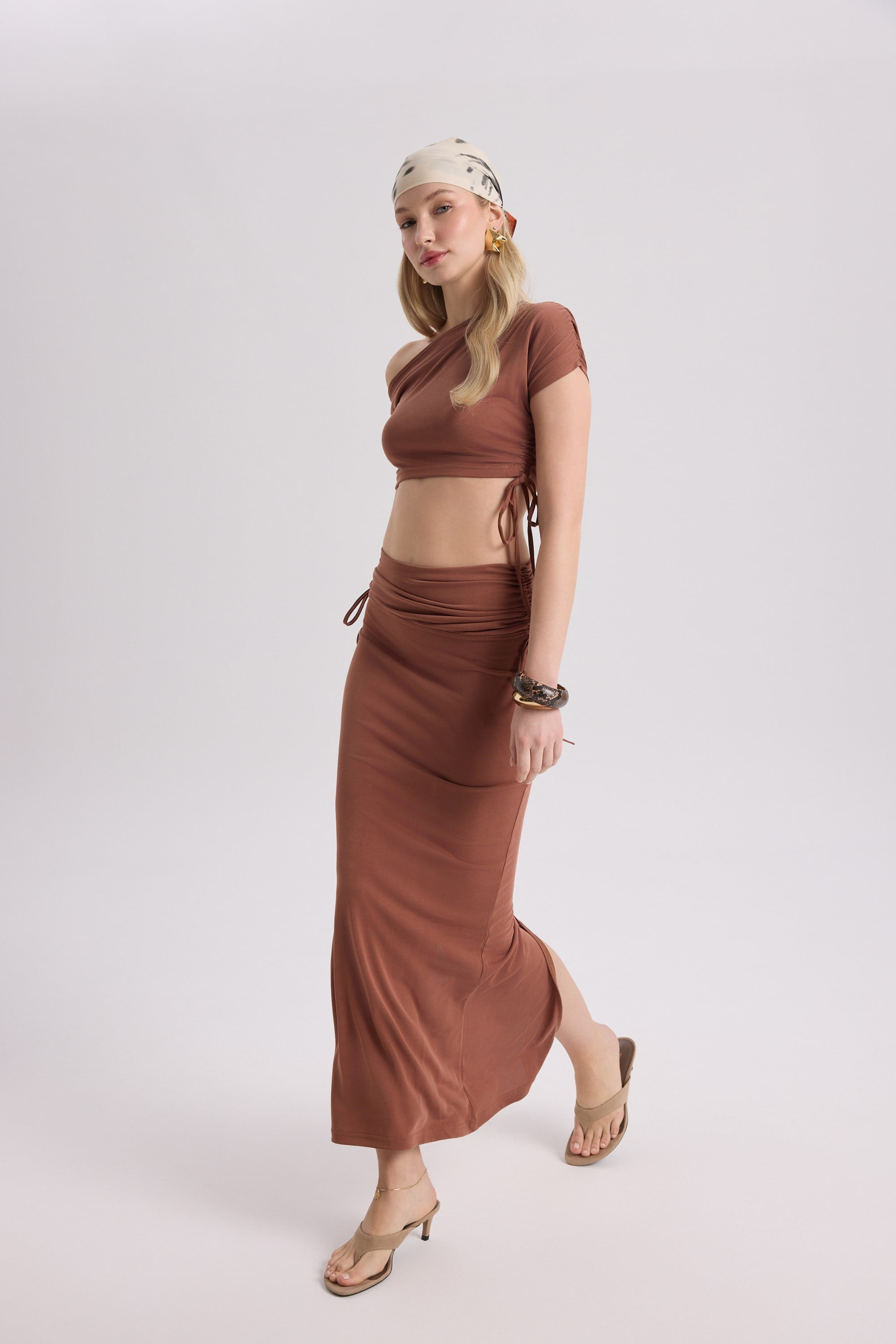 Ivan Ruched Brown Crop Skirt Set
