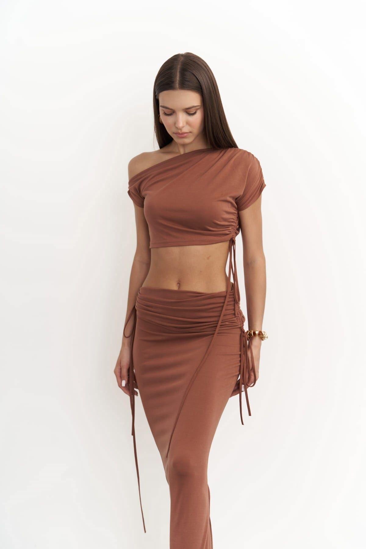 Ivan Büzgülü Kahve Crop Etek Takım