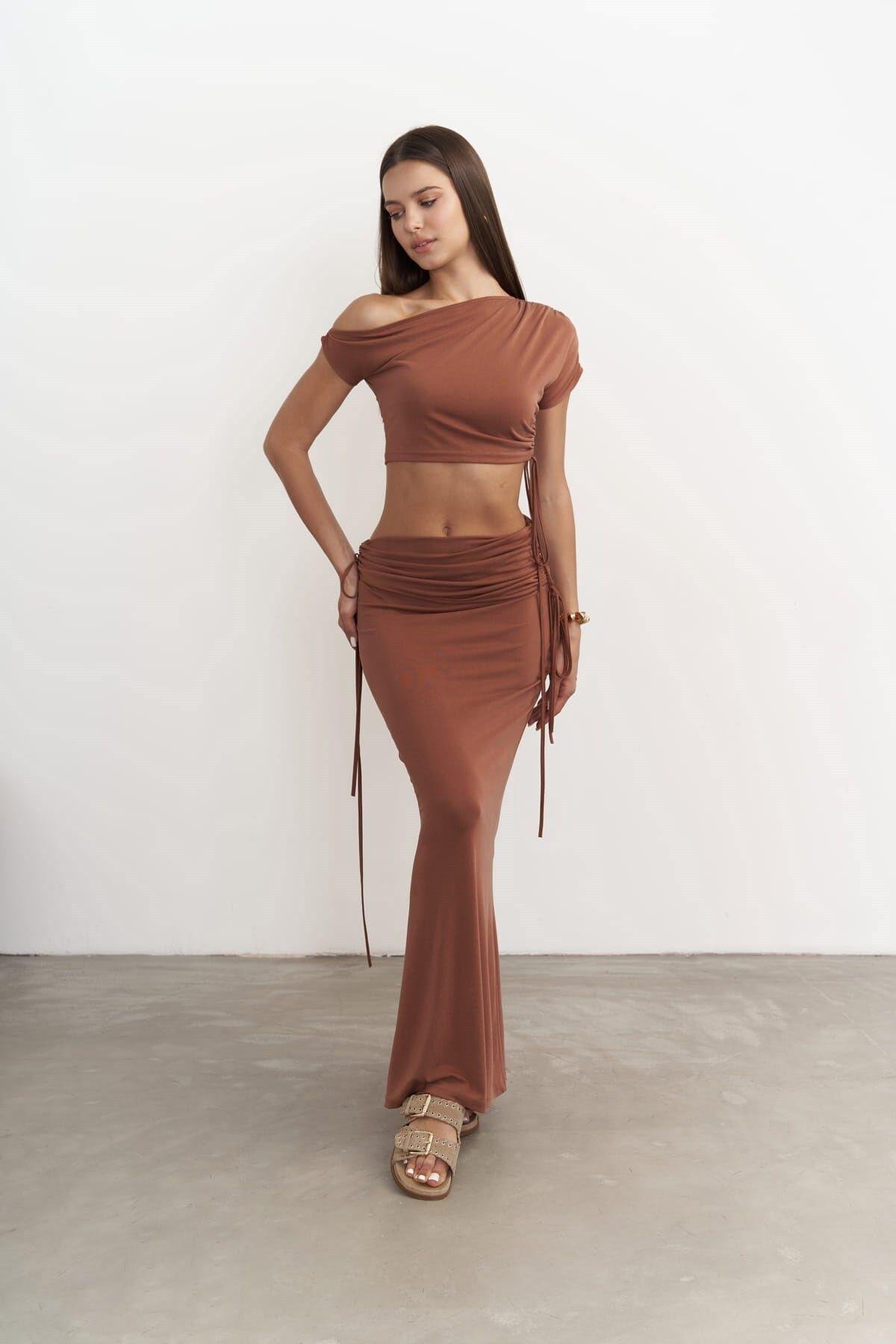 Ivan Büzgülü Kahve Crop Etek Takım