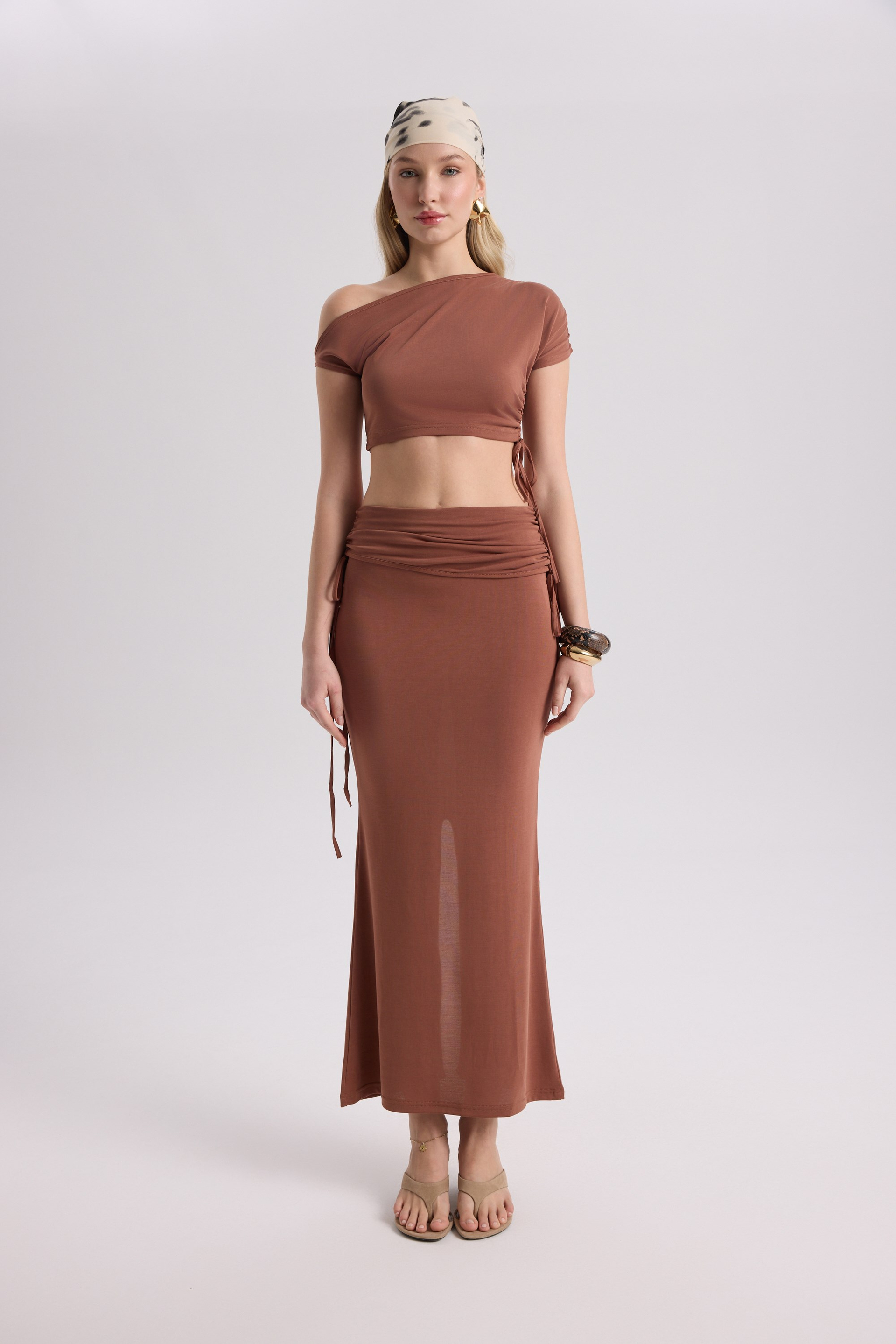 Ivan Ruched Brown Crop Skirt Set
