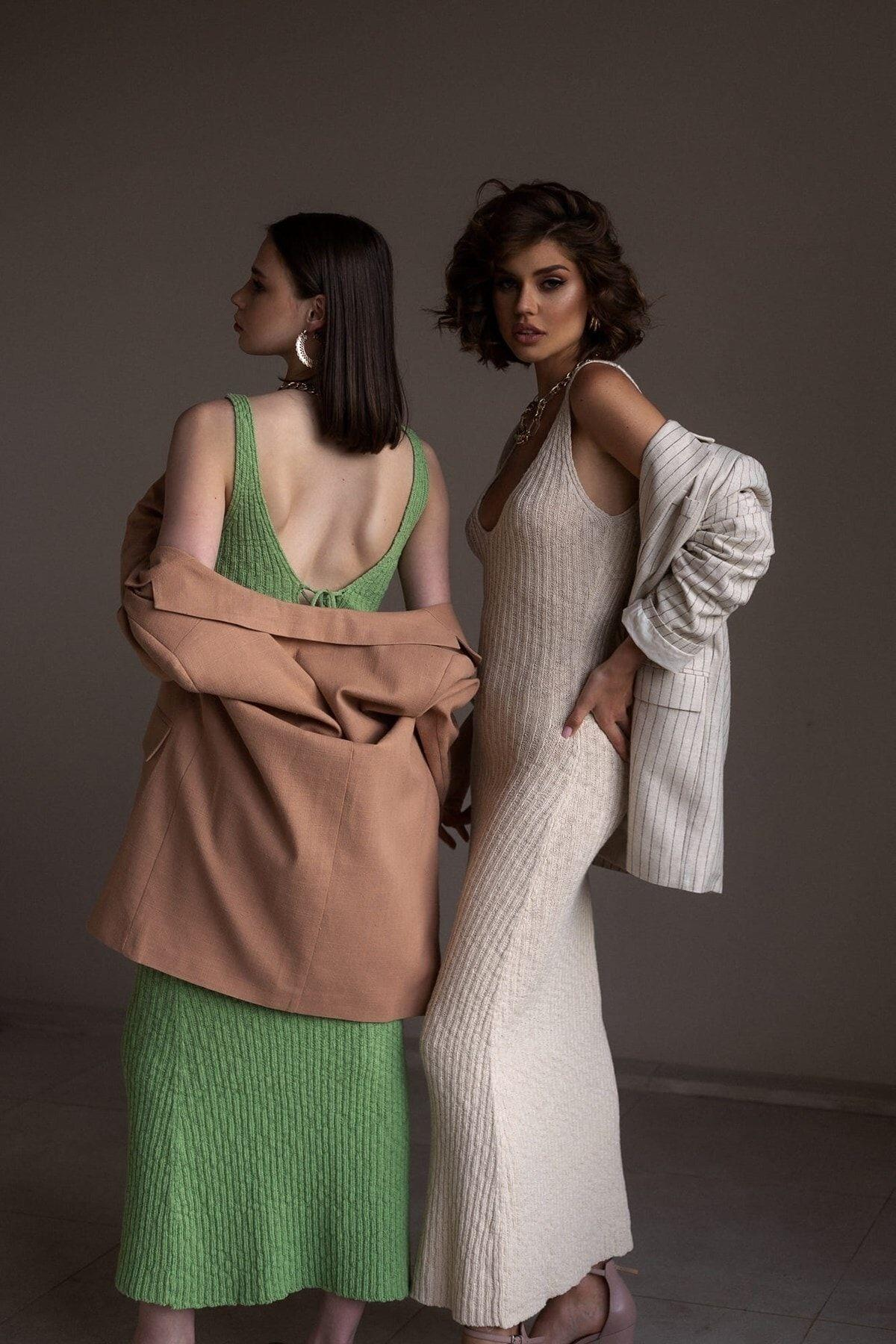 Janell Yeşil Triko Midi Askılı Elbise