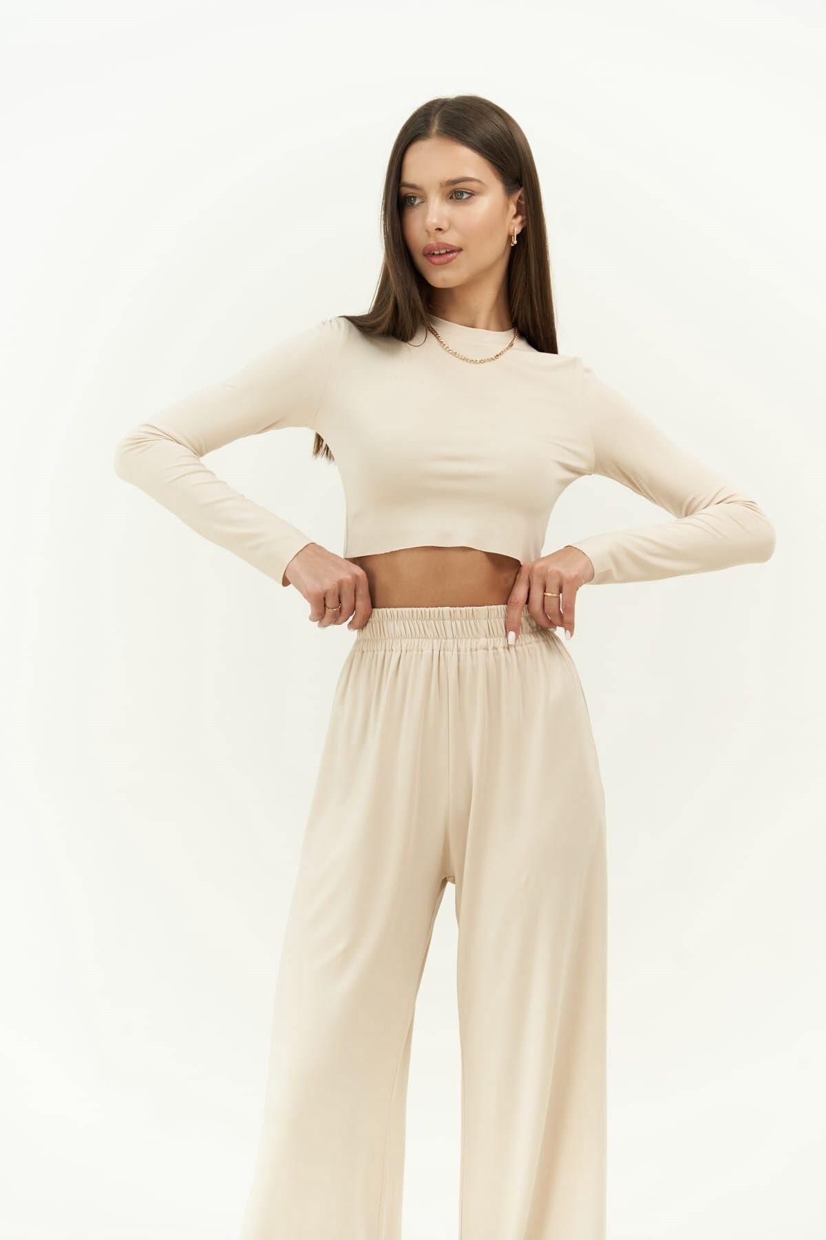 Jany Uzun Kollu Bej Crop Pantolon Takım