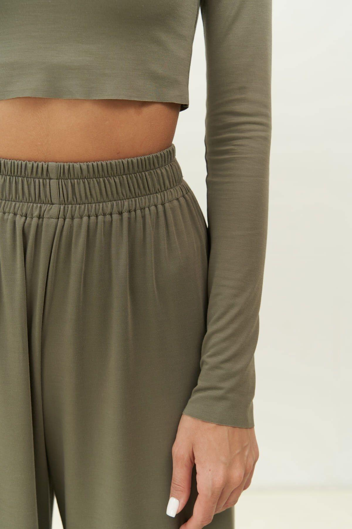 Jany Uzun Kollu Haki Crop Pantolon Takım