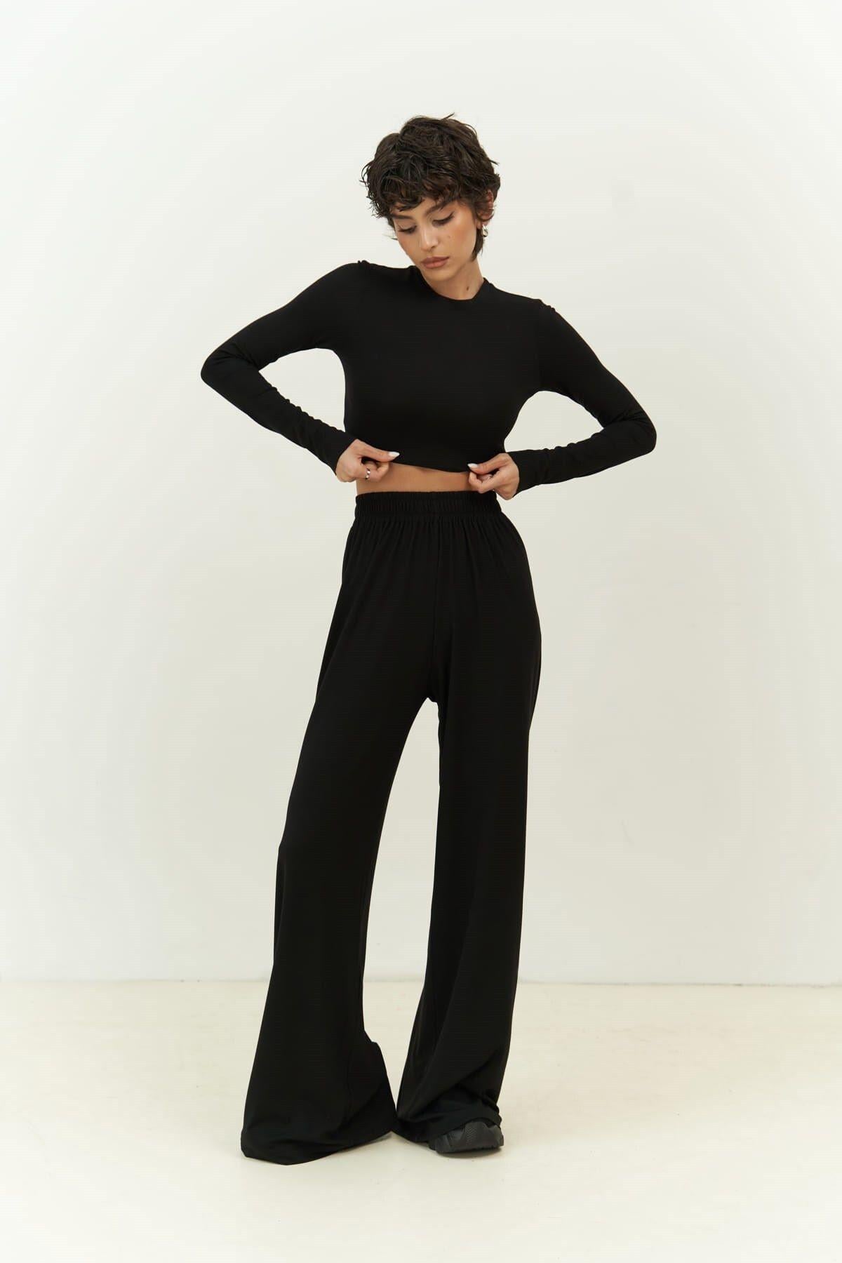 Jany Long Sleeve Black Crop & Pants Set