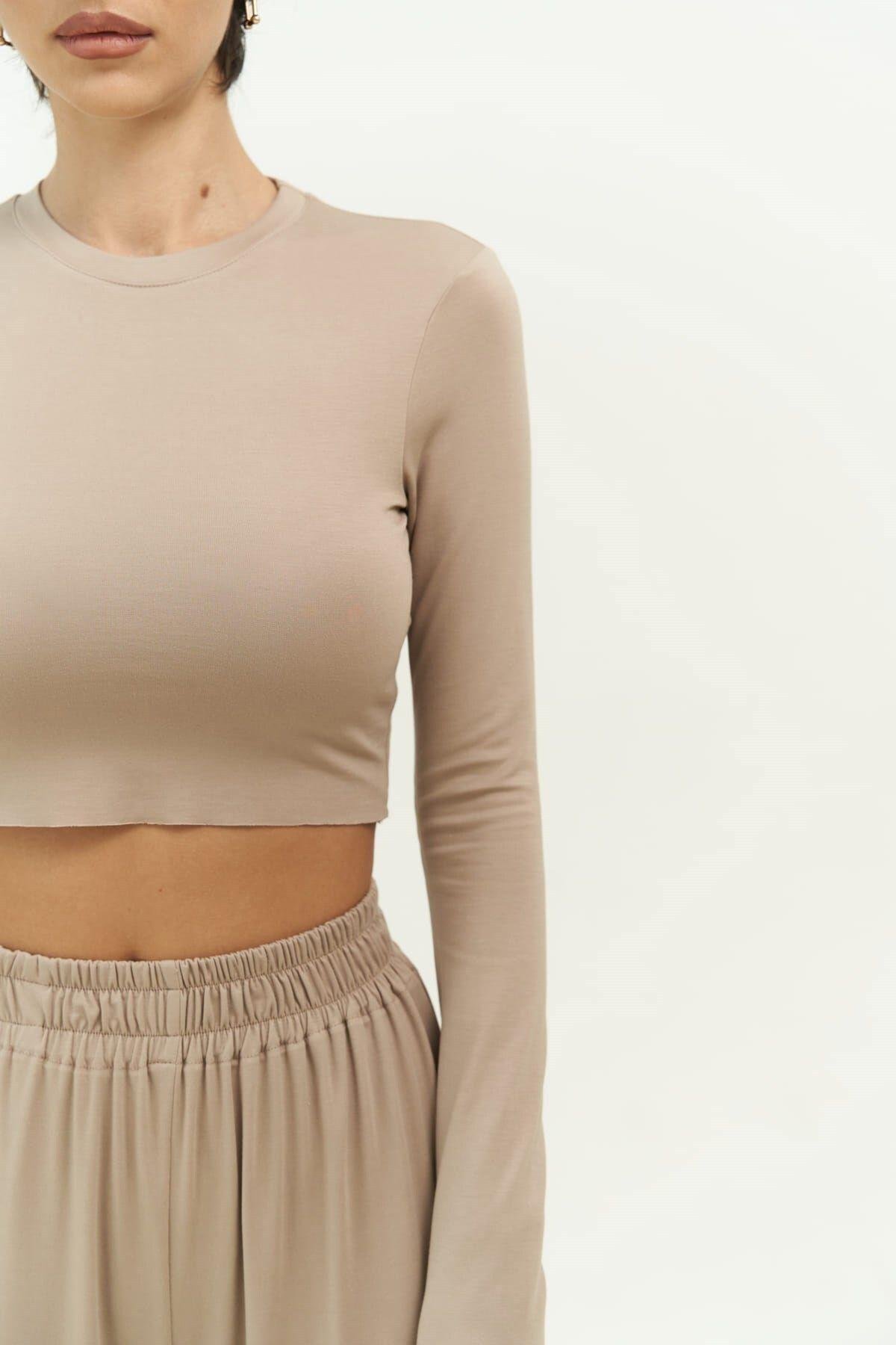 Jany Uzun Kollu Vizon Crop Pantolon Takım