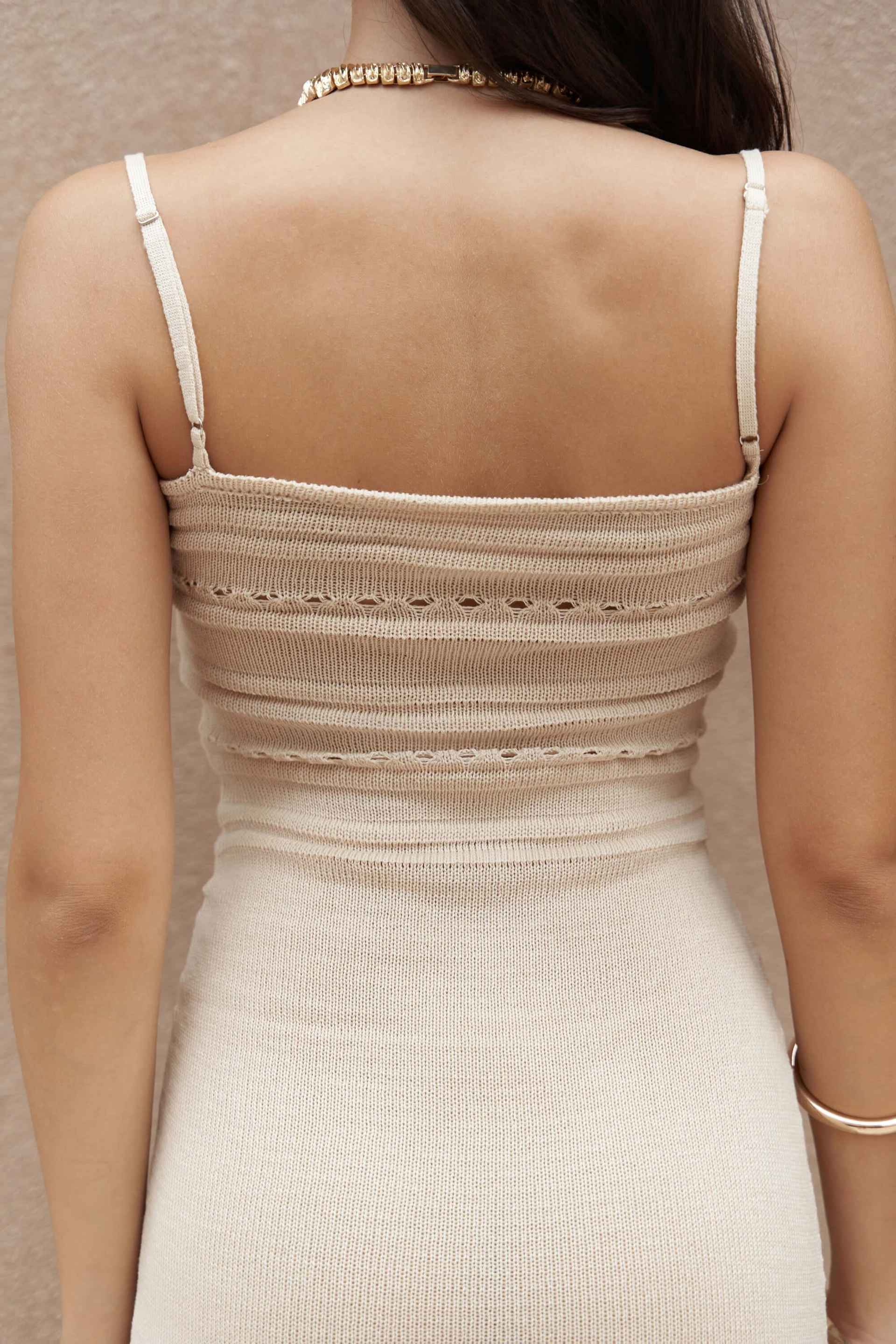 Jayah Büzgü Detay Askılı Koyu Bej Triko Elbise