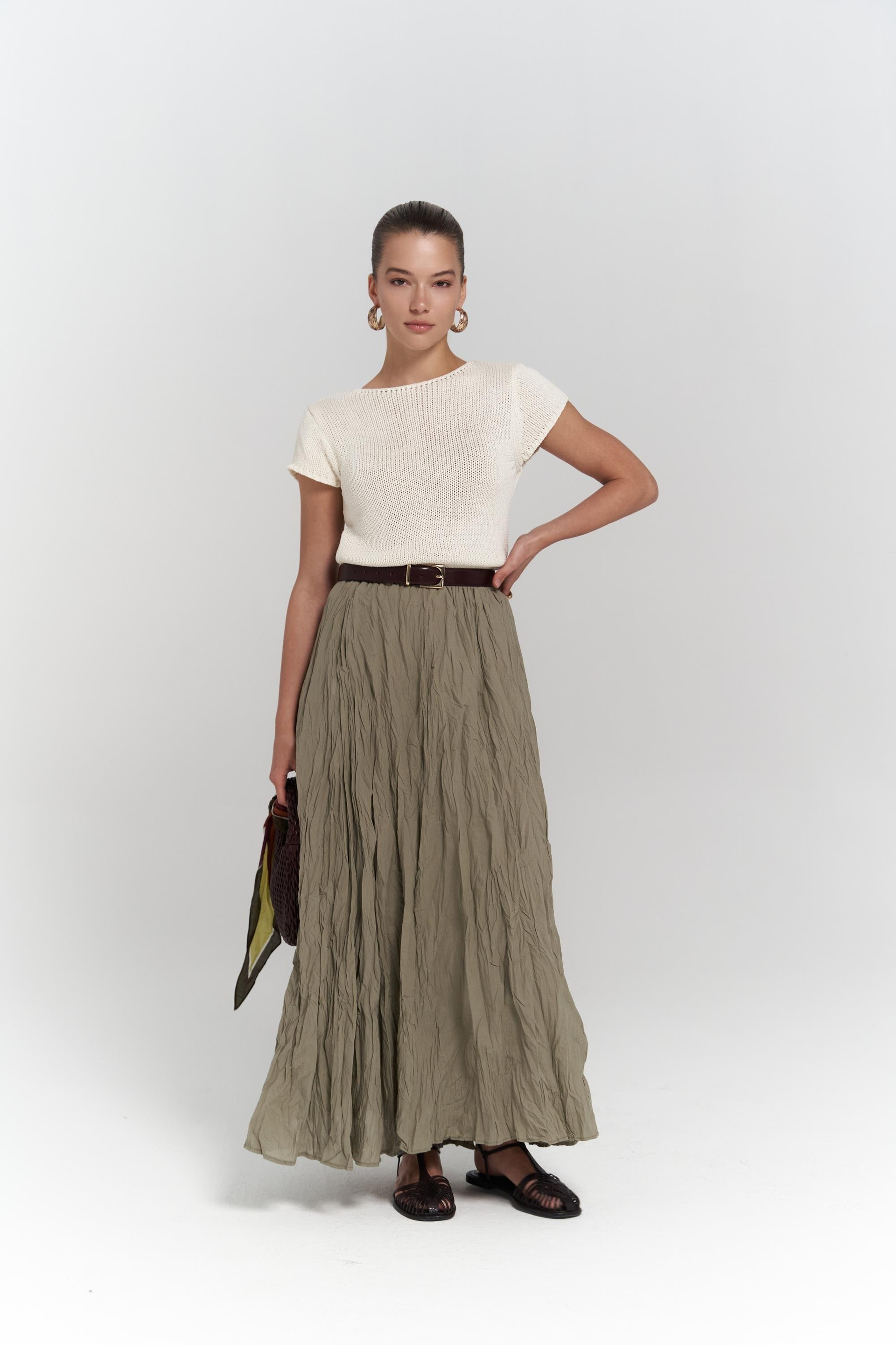 Jayla Kırışık Detay Uzun Haki Etek