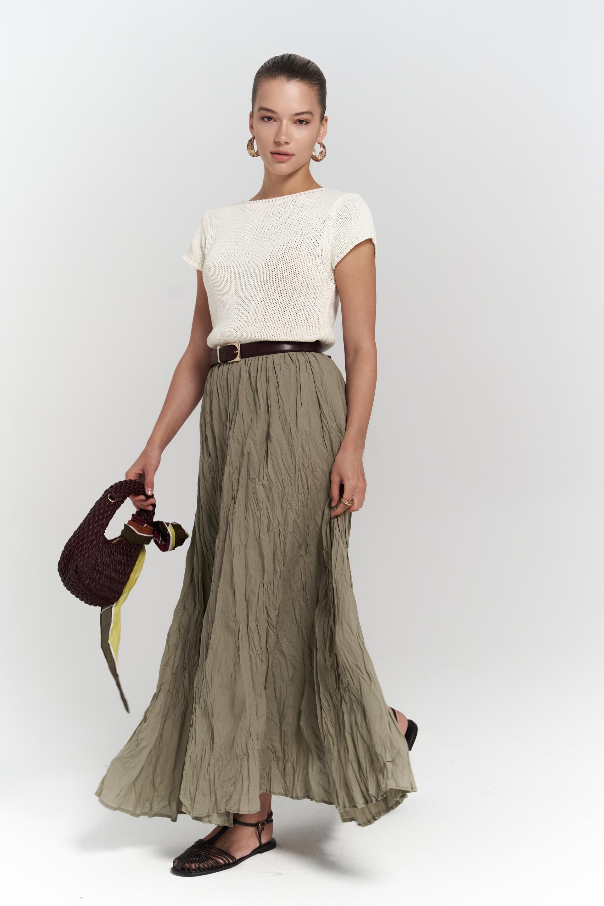 Jayla Kırışık Detay Uzun Haki Etek