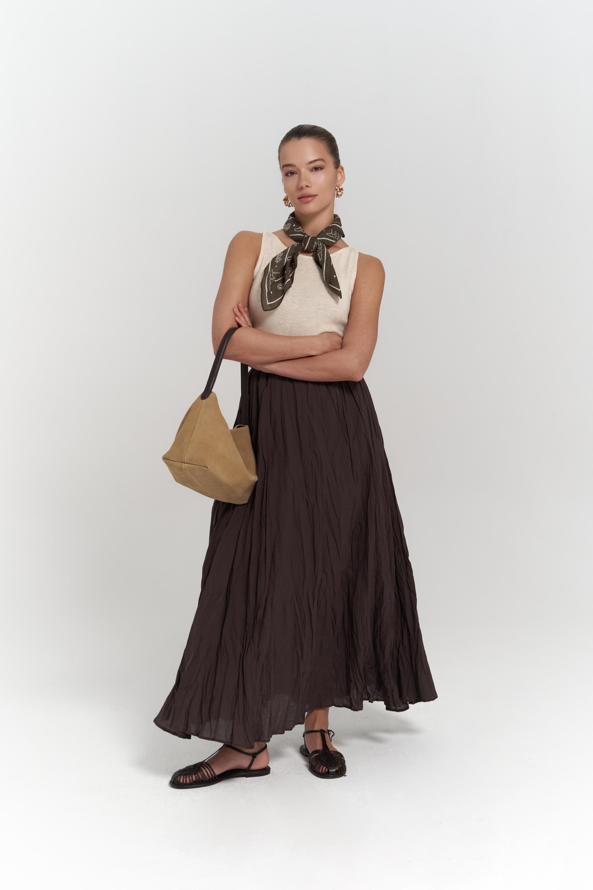 Jayla Kırışık Detay Uzun Kahve Etek