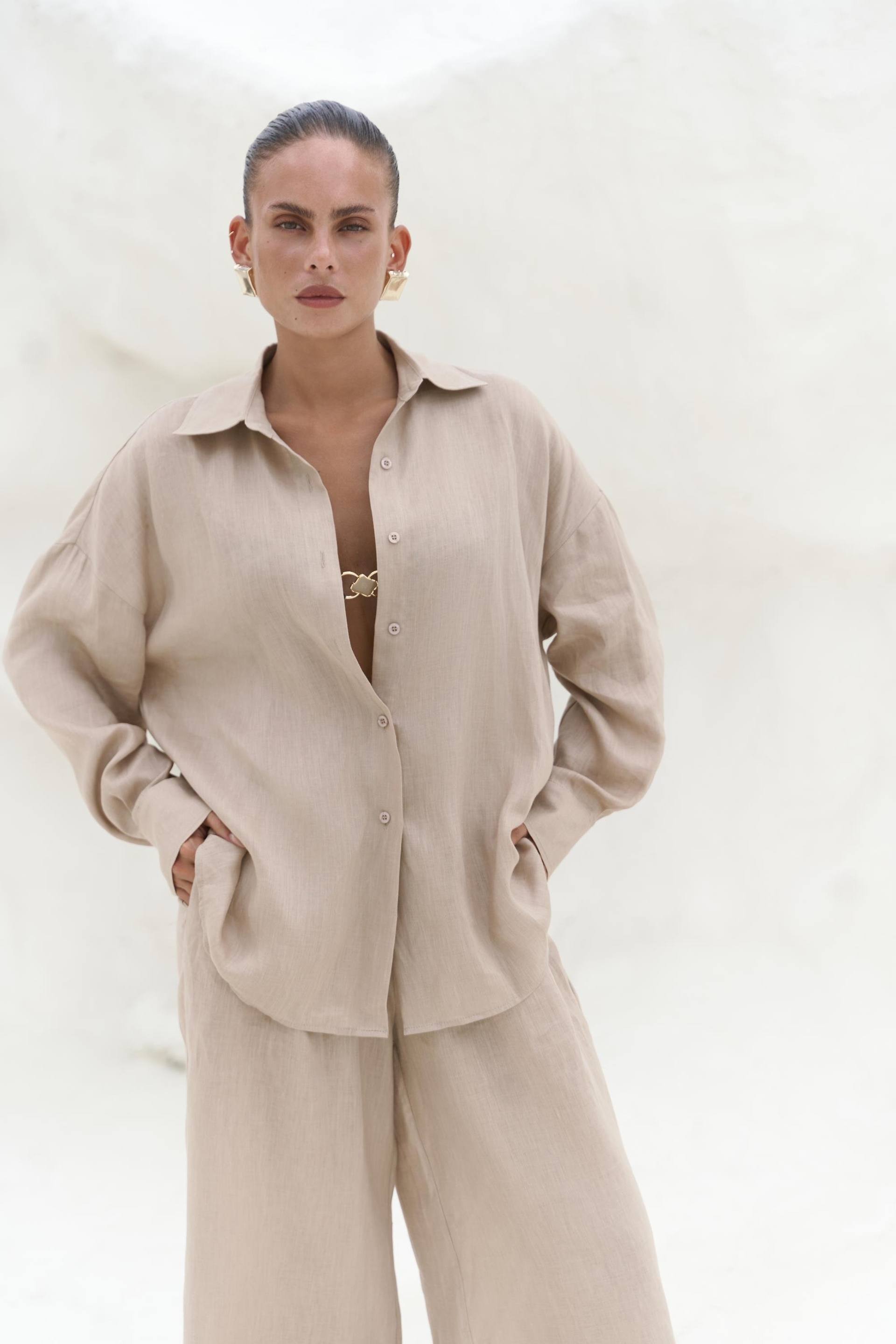 Jelsomina Oversize Bej Keten Gömlek Pantolon Takım