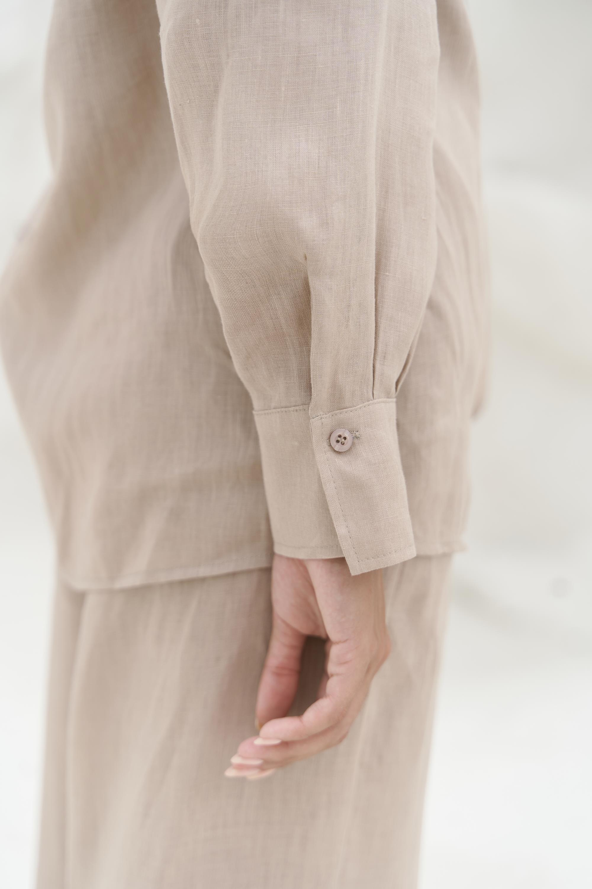 Jelsomina Oversize Bej Keten Gömlek Pantolon Takım