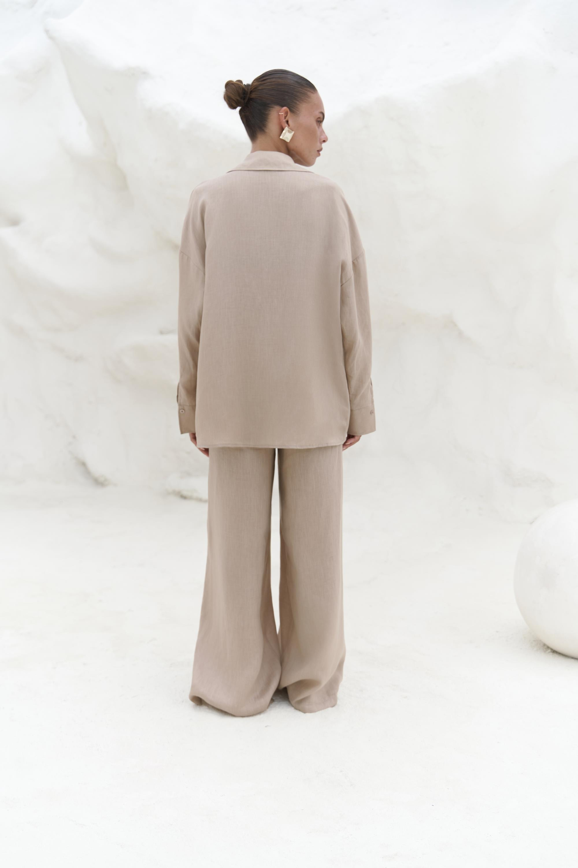 Jelsomina Oversize Bej Keten Gömlek Pantolon Takım