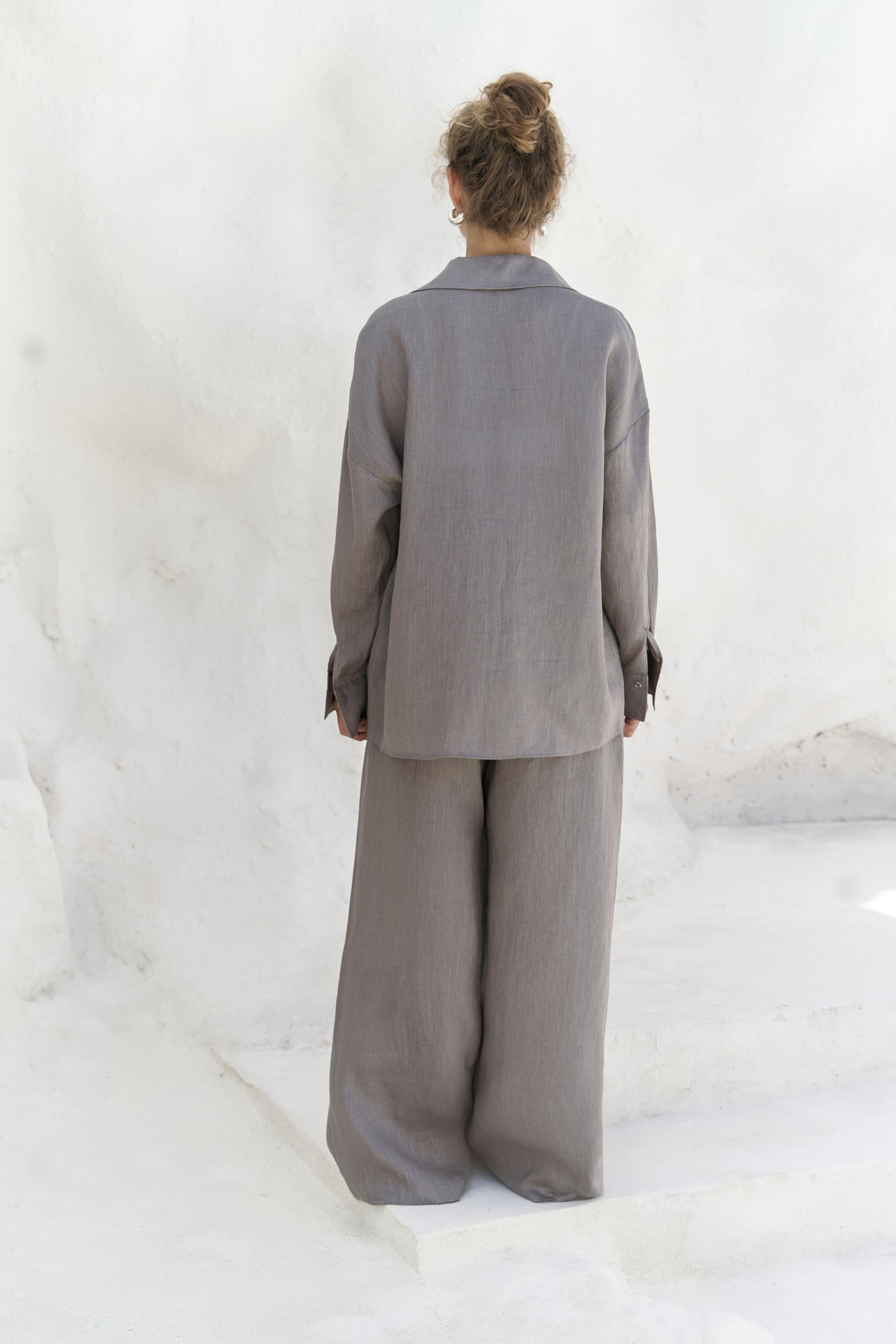 Jelsomina Oversize Füme Keten Gömlek Pantolon Takım