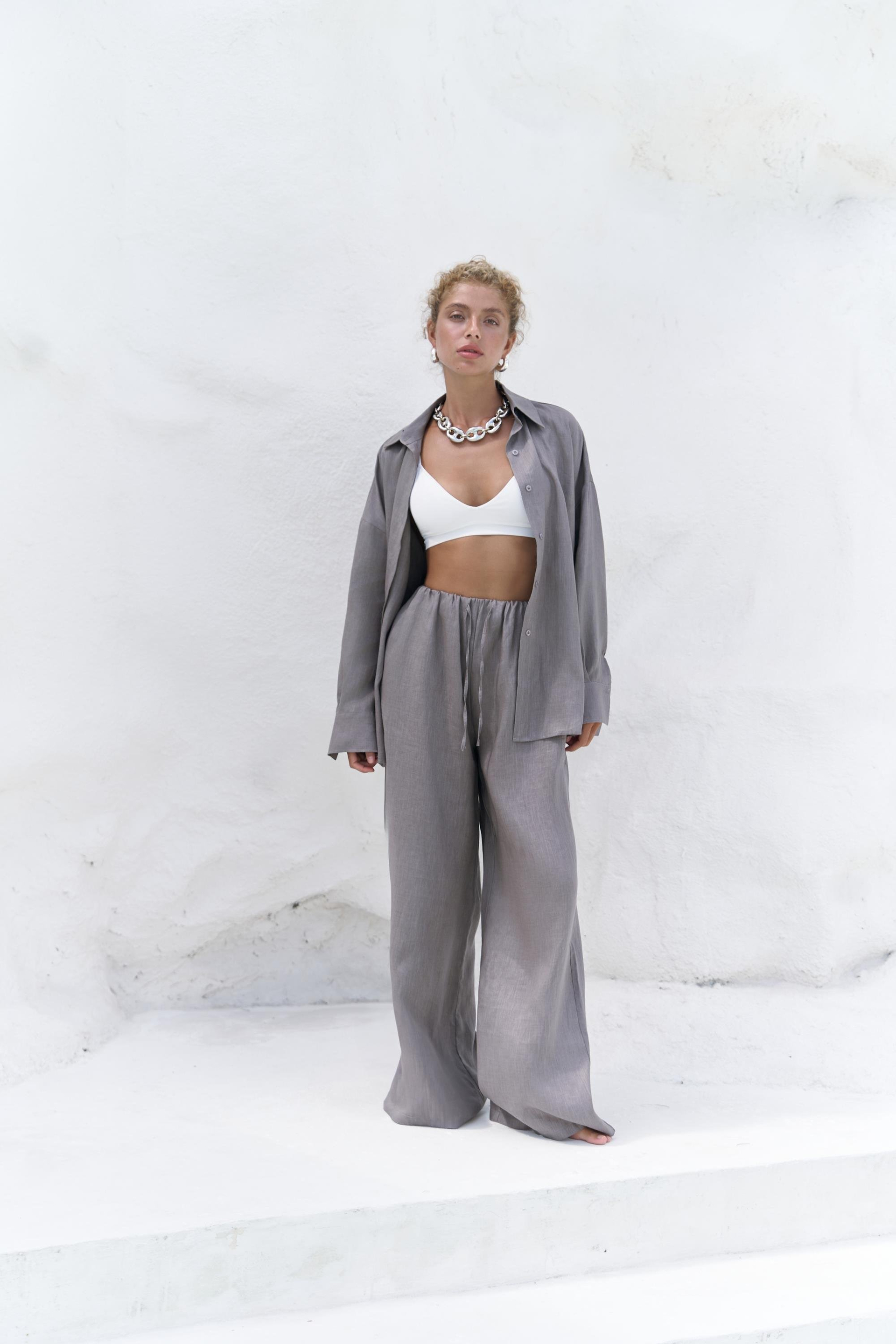 Jelsomina Oversize Füme Keten Gömlek Pantolon Takım