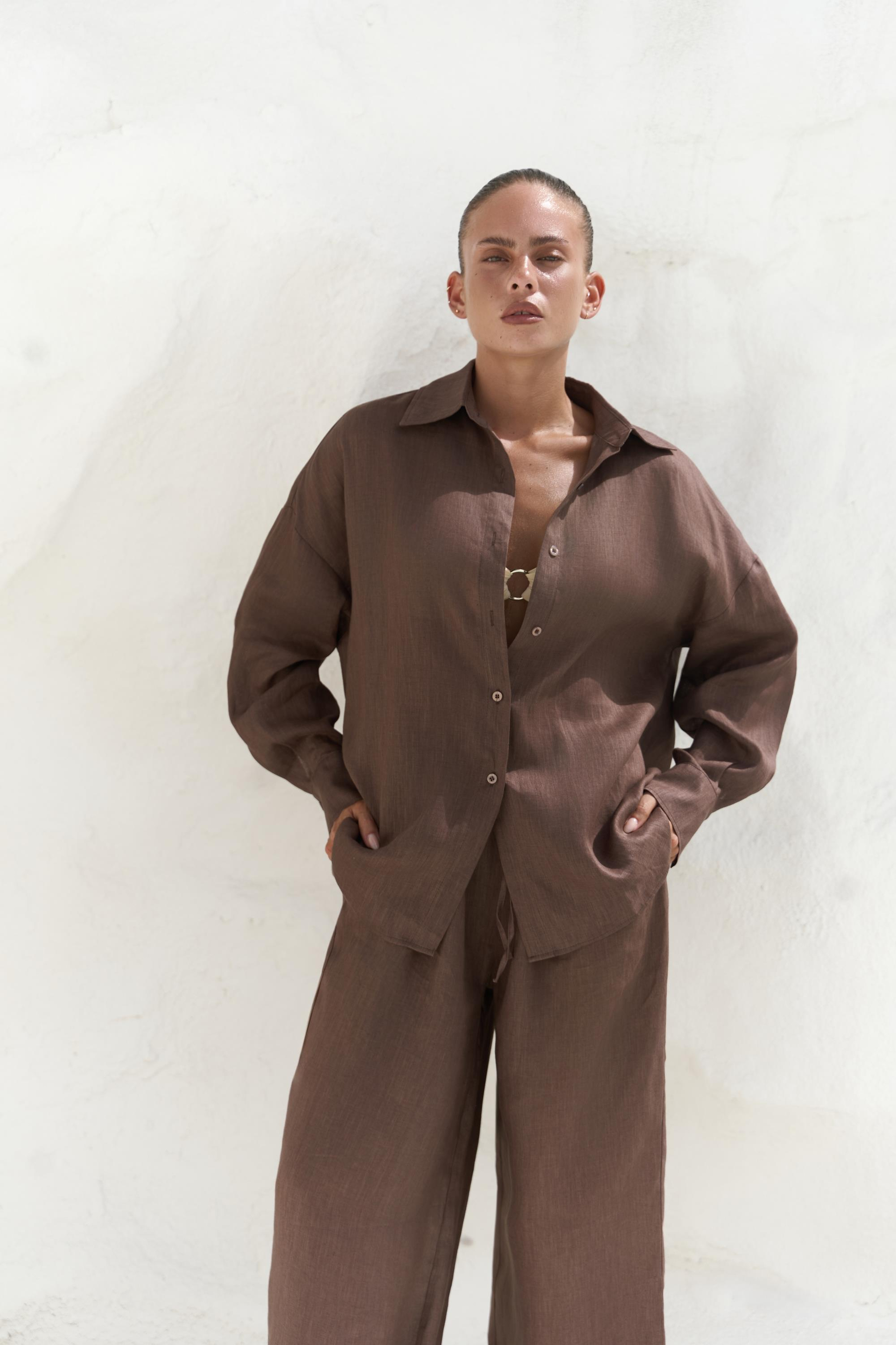 Jelsomina Oversize Kahve Keten Gömlek Pantolon Takım