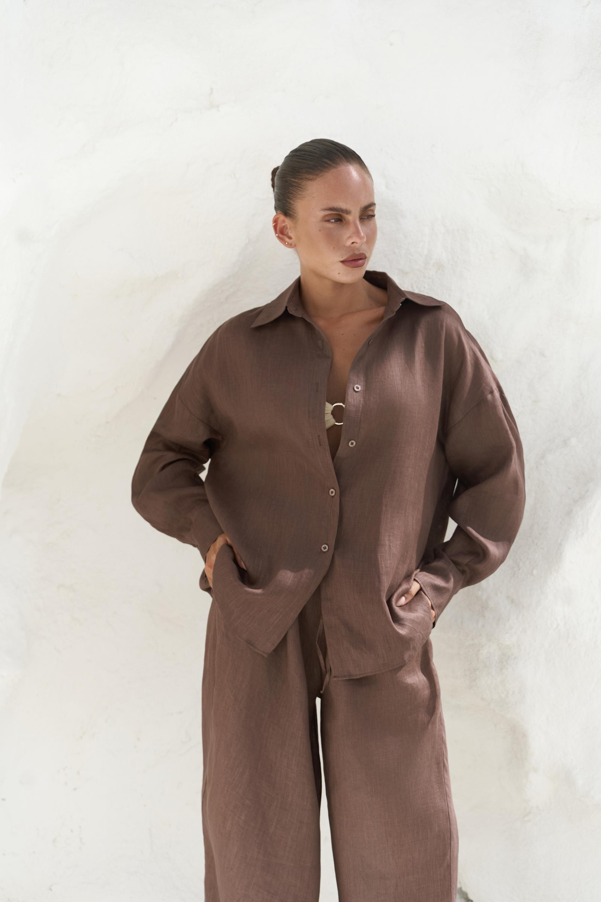 Jelsomina Oversize Kahve Keten Gömlek Pantolon Takım