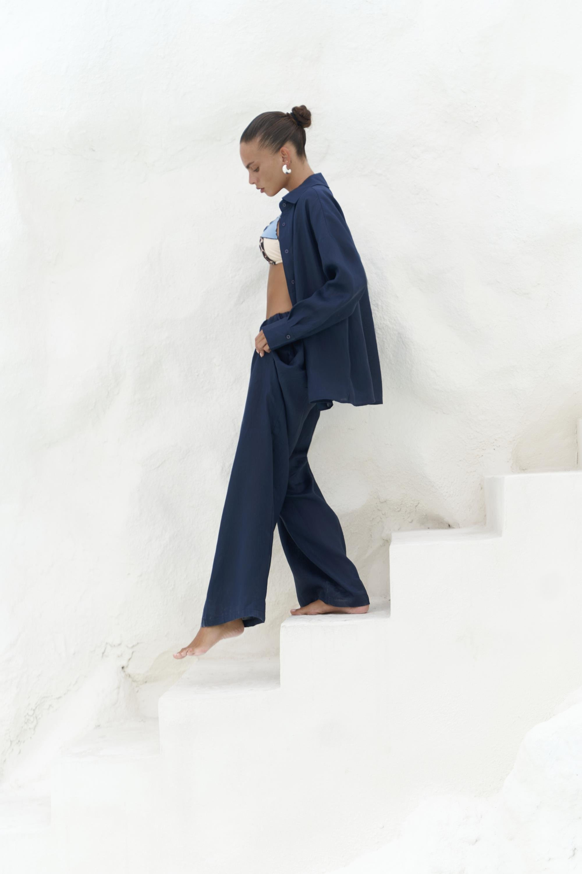 Jelsomina Oversize Lacivert Keten Gömlek Pantolon Takım