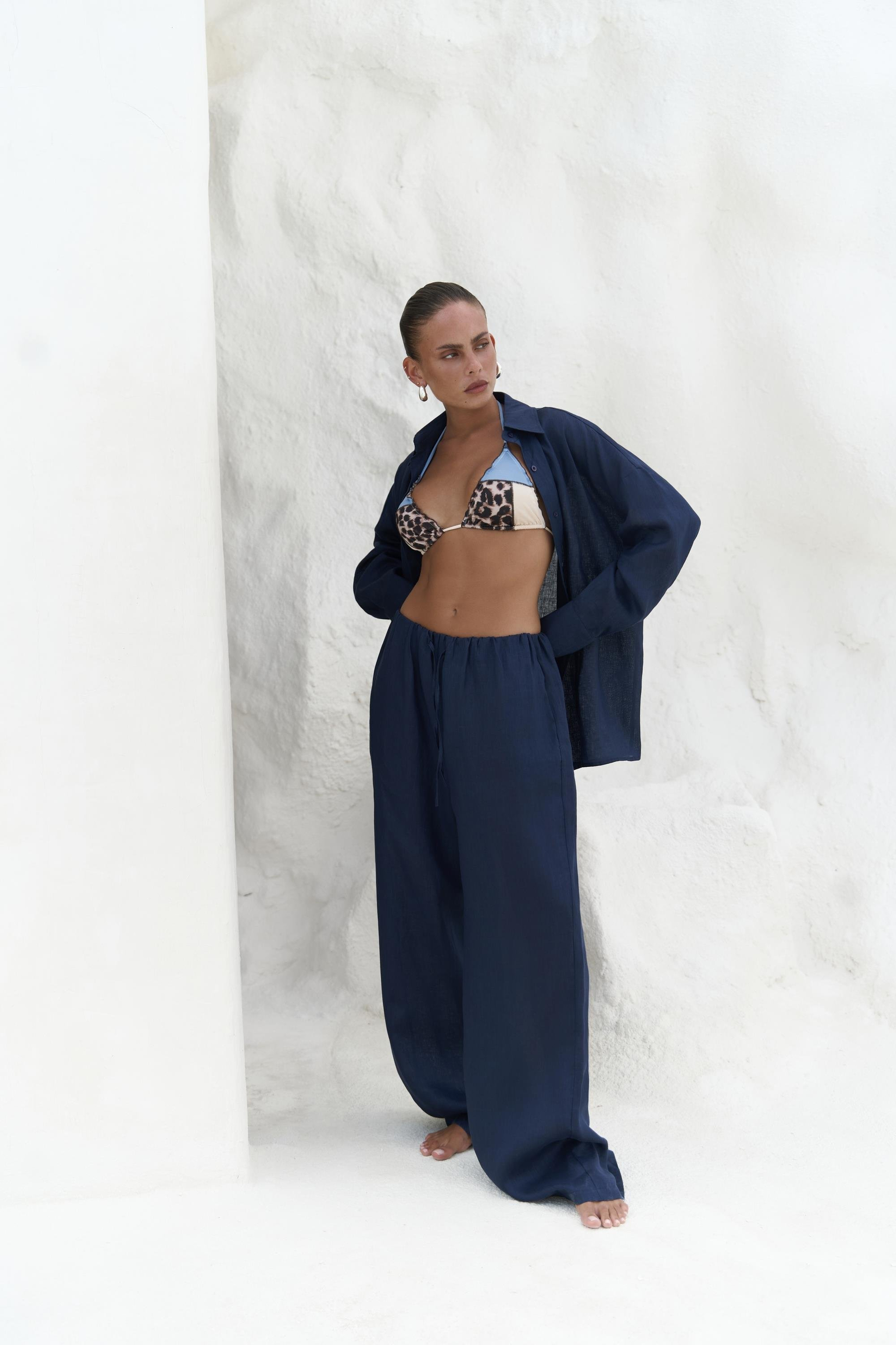 Jelsomina Oversize Lacivert Keten Gömlek Pantolon Takım