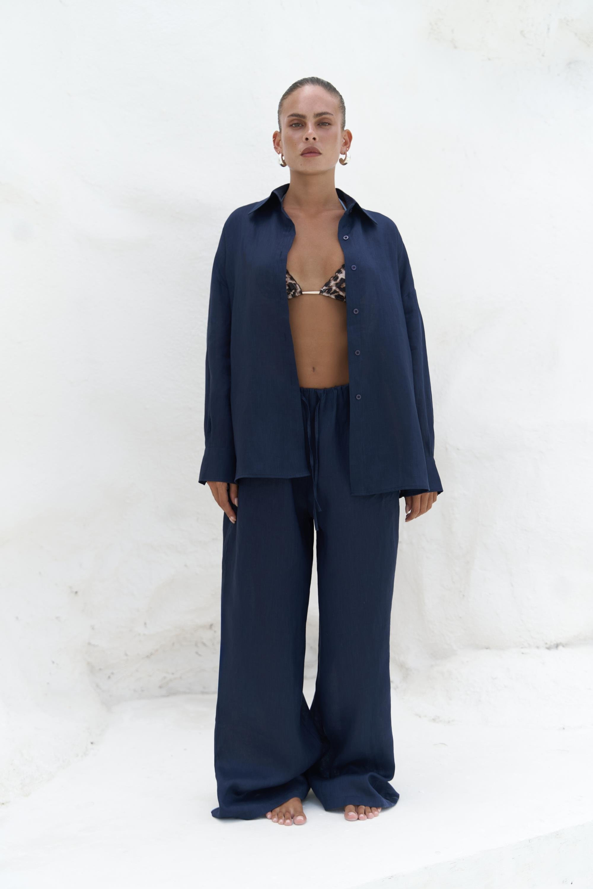 Jelsomina Oversize Lacivert Keten Gömlek Pantolon Takım