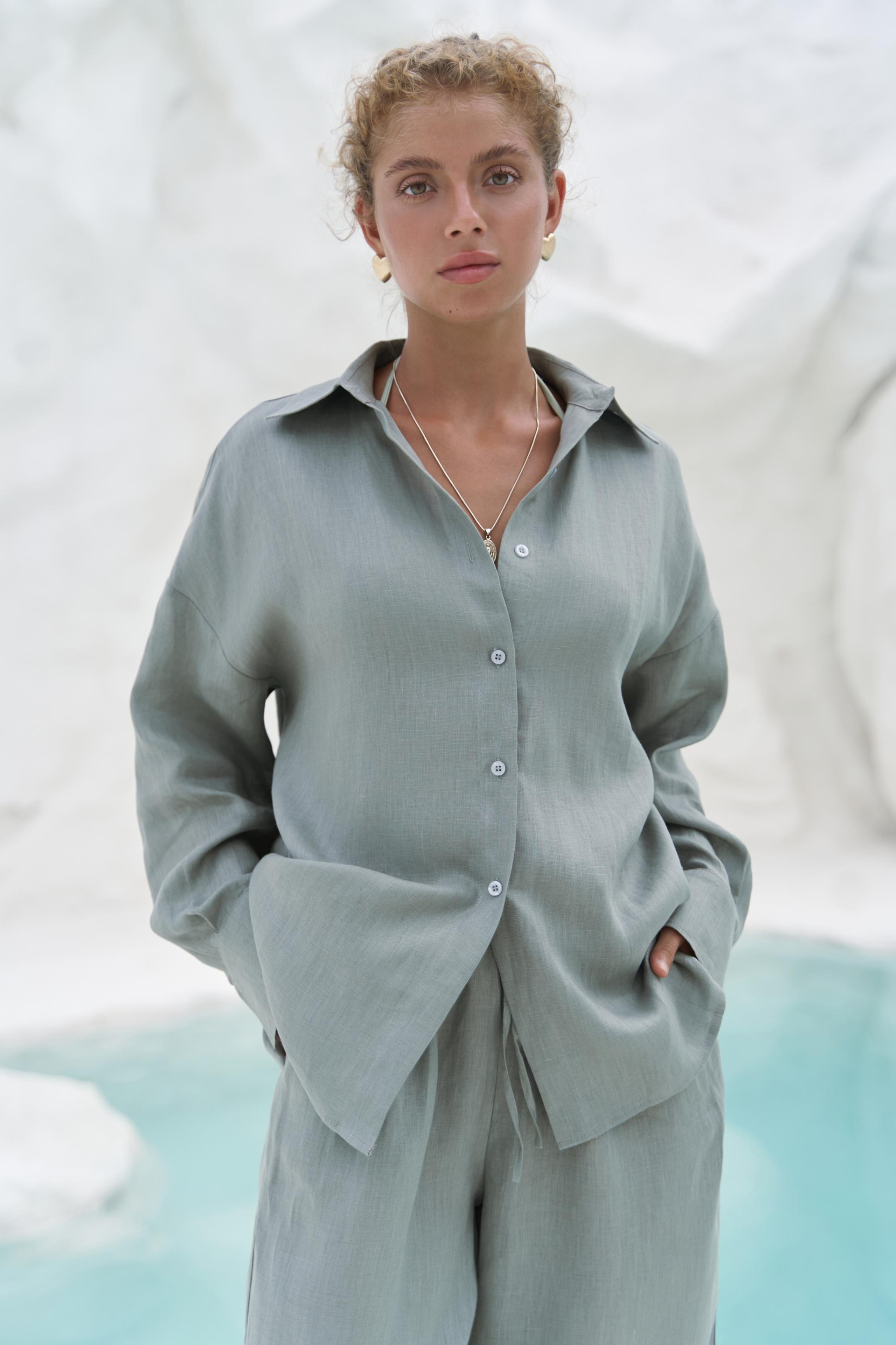 Jelsomina Oversize Mint Keten Gömlek Pantolon Takım