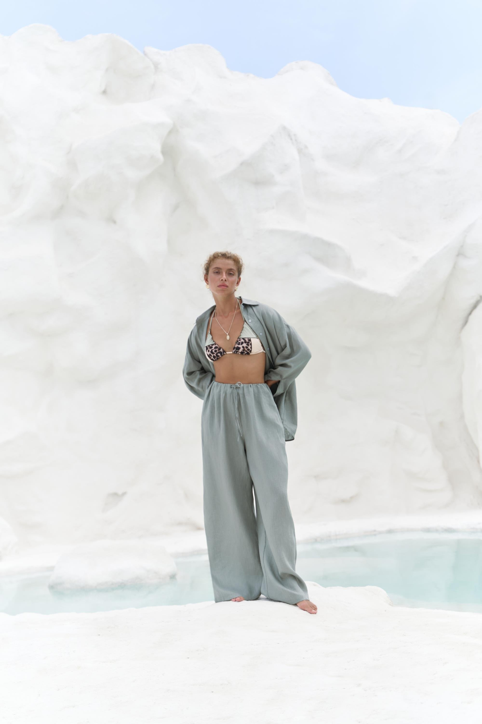 Jelsomina Oversize Mint Keten Gömlek Pantolon Takım