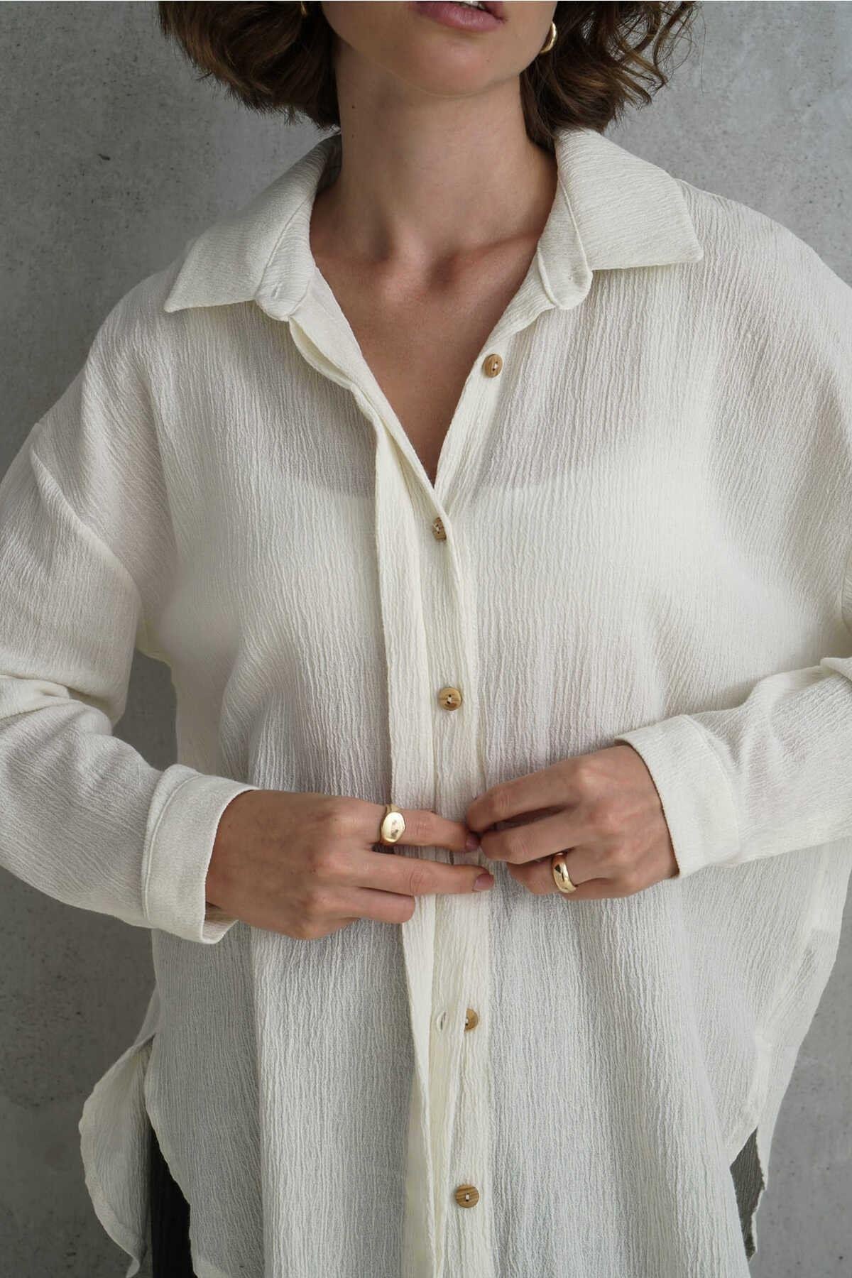 Jovena Gizli Düğme Detay Ekru Gömlek