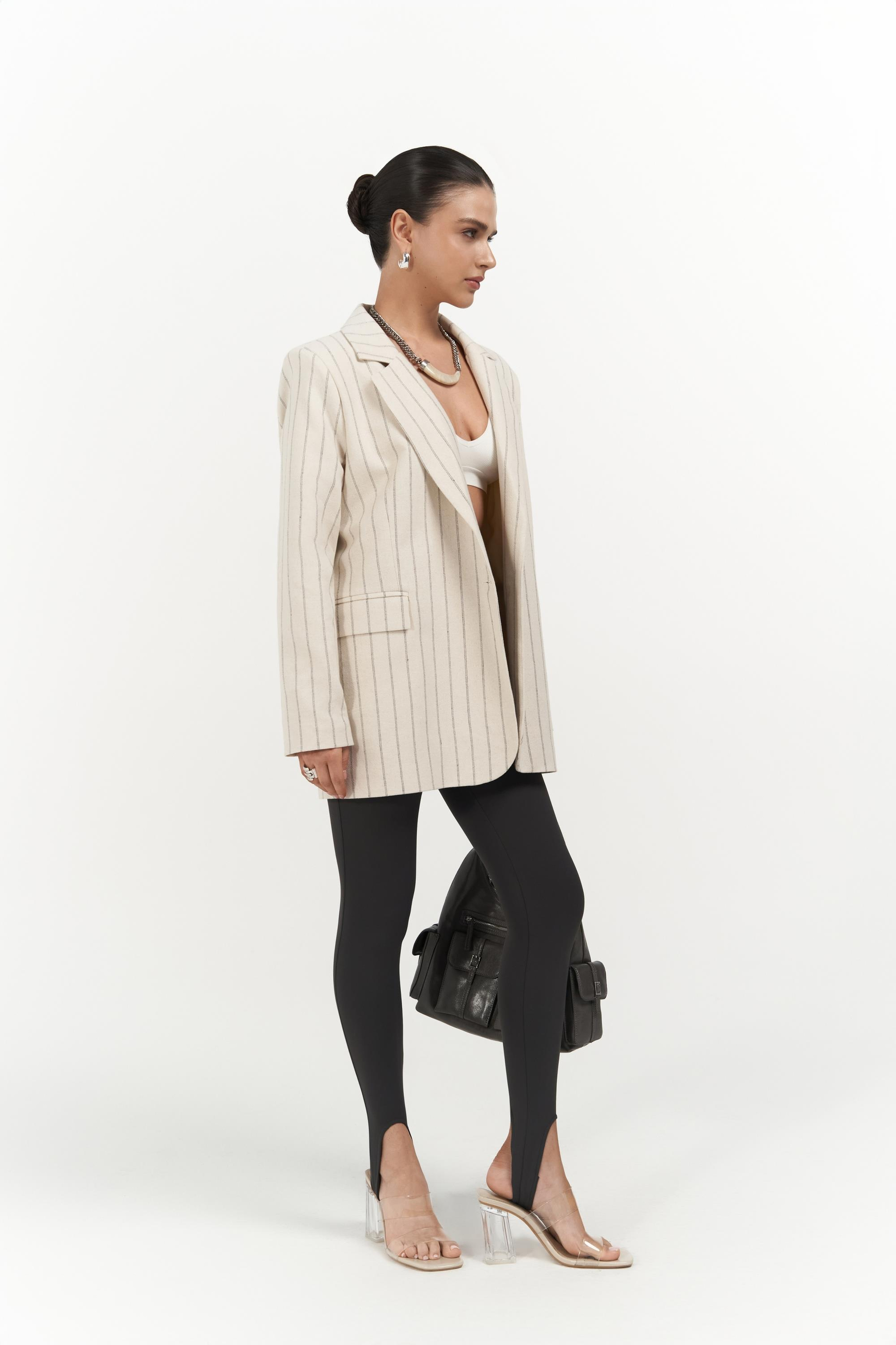 Juba Füme Çizgili Bej Basic Blazer