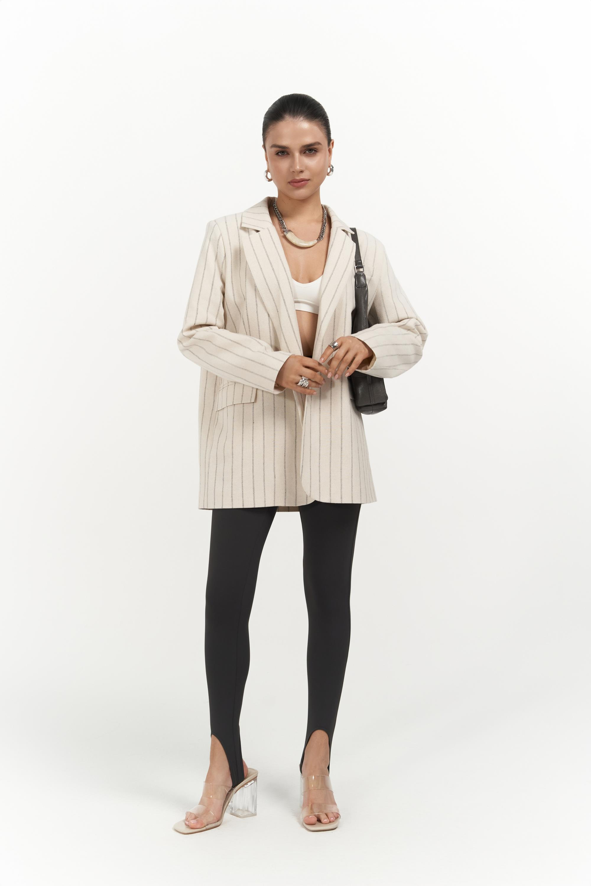 Juba Füme Çizgili Bej Basic Blazer
