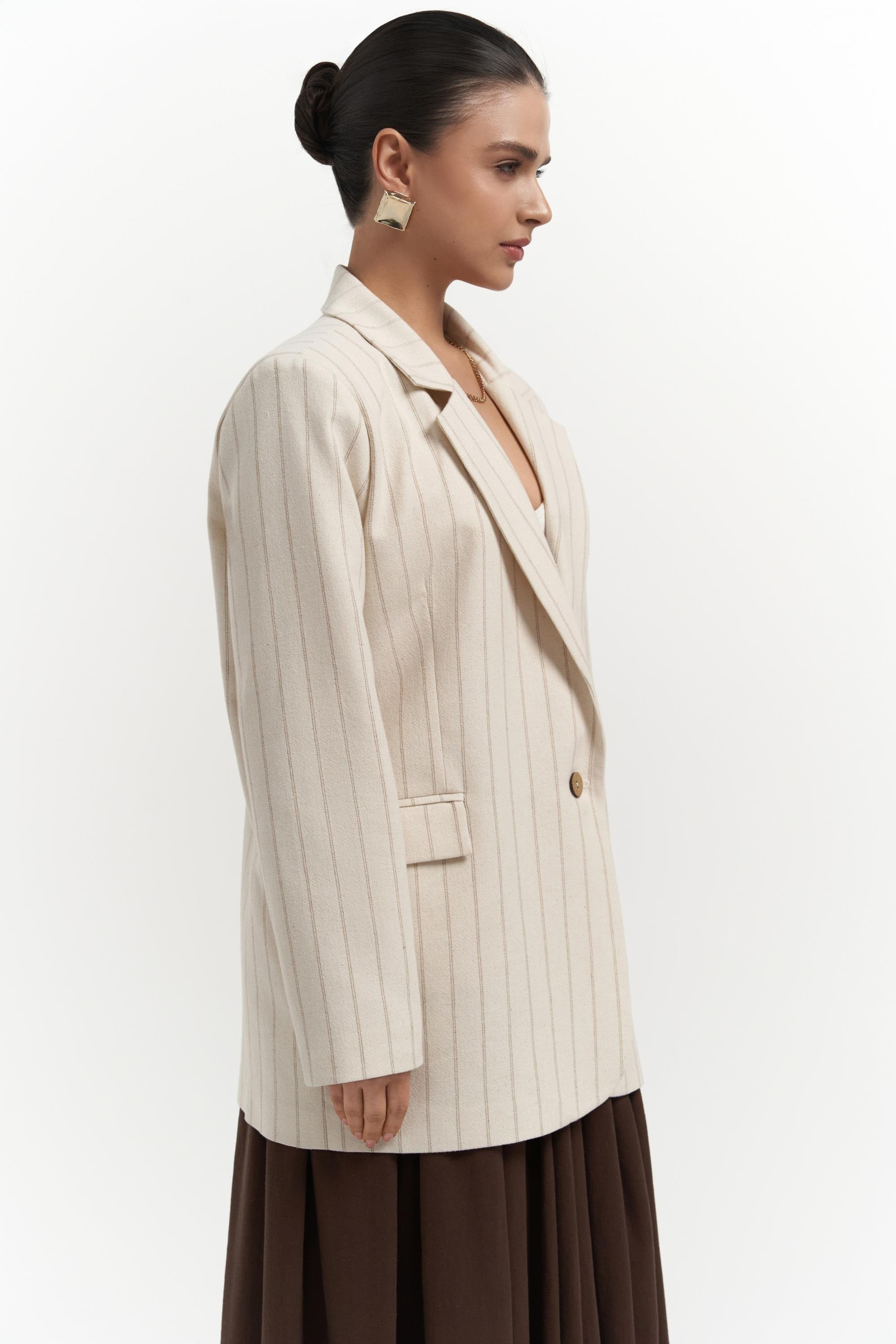 Juba Vizon Çizgili Bej Basic Blazer