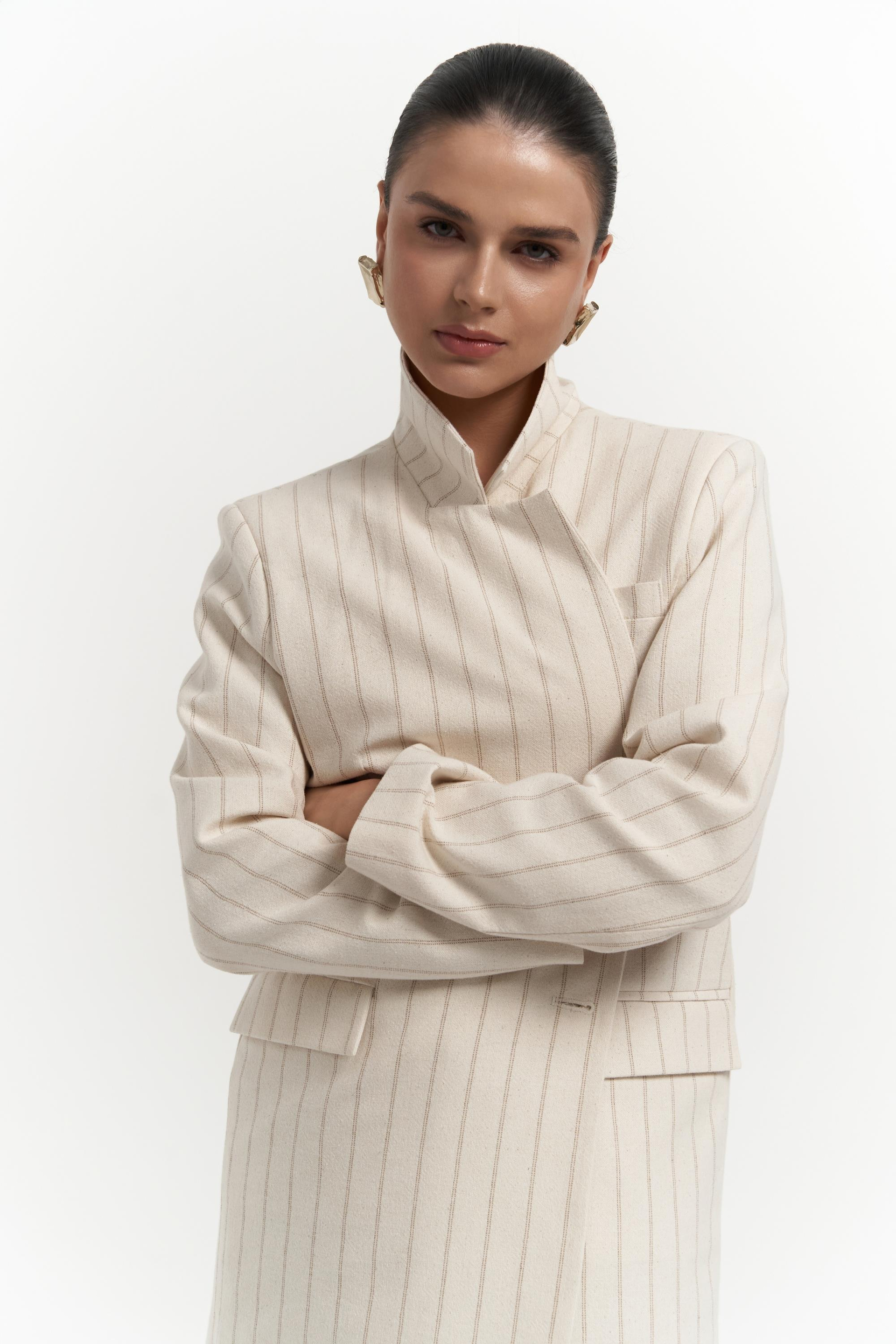 Juba Vizon Çizgili Bej Basic Blazer