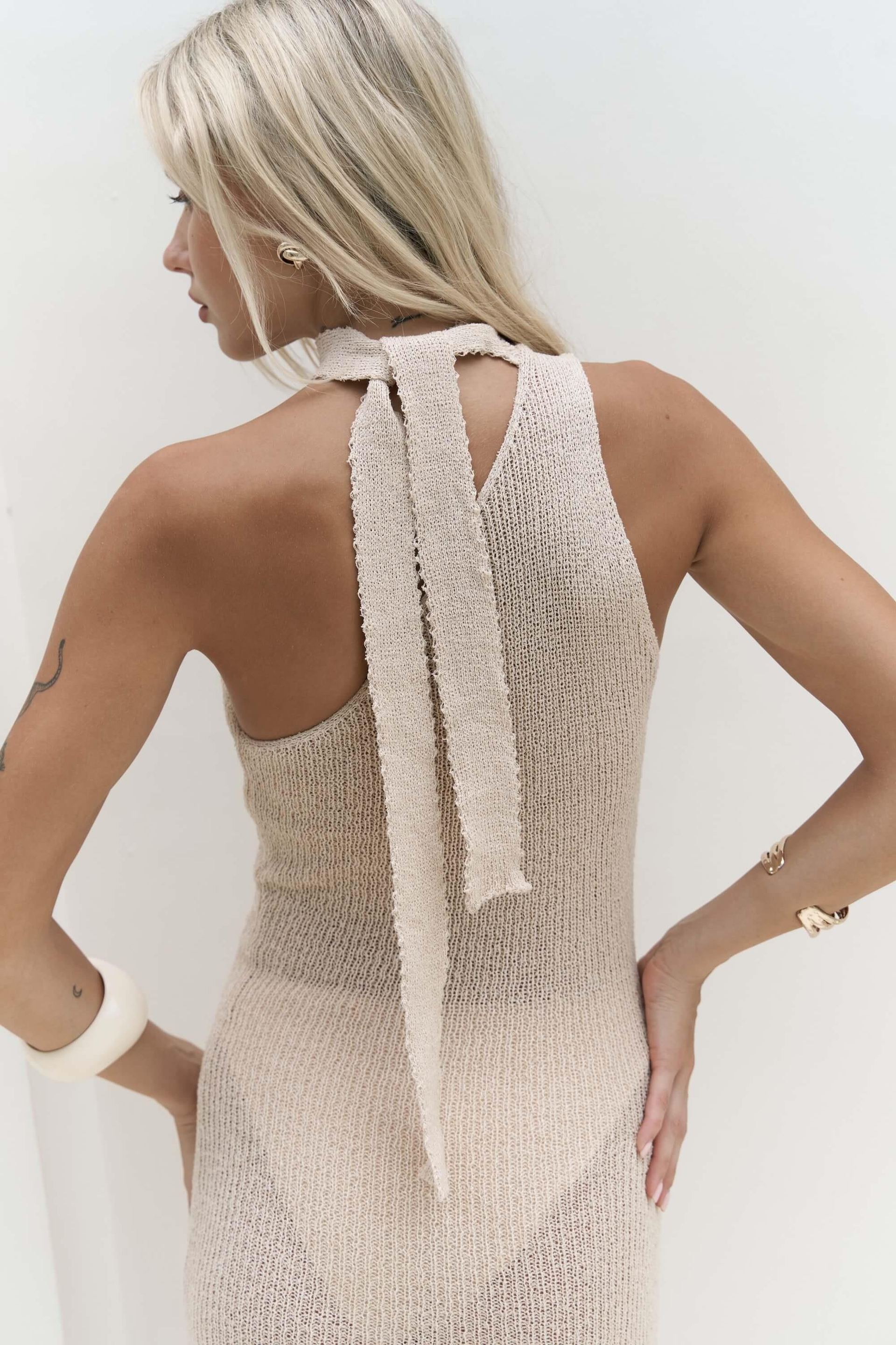 Kamalas Asimetrik Triko Bej Uzun Elbise