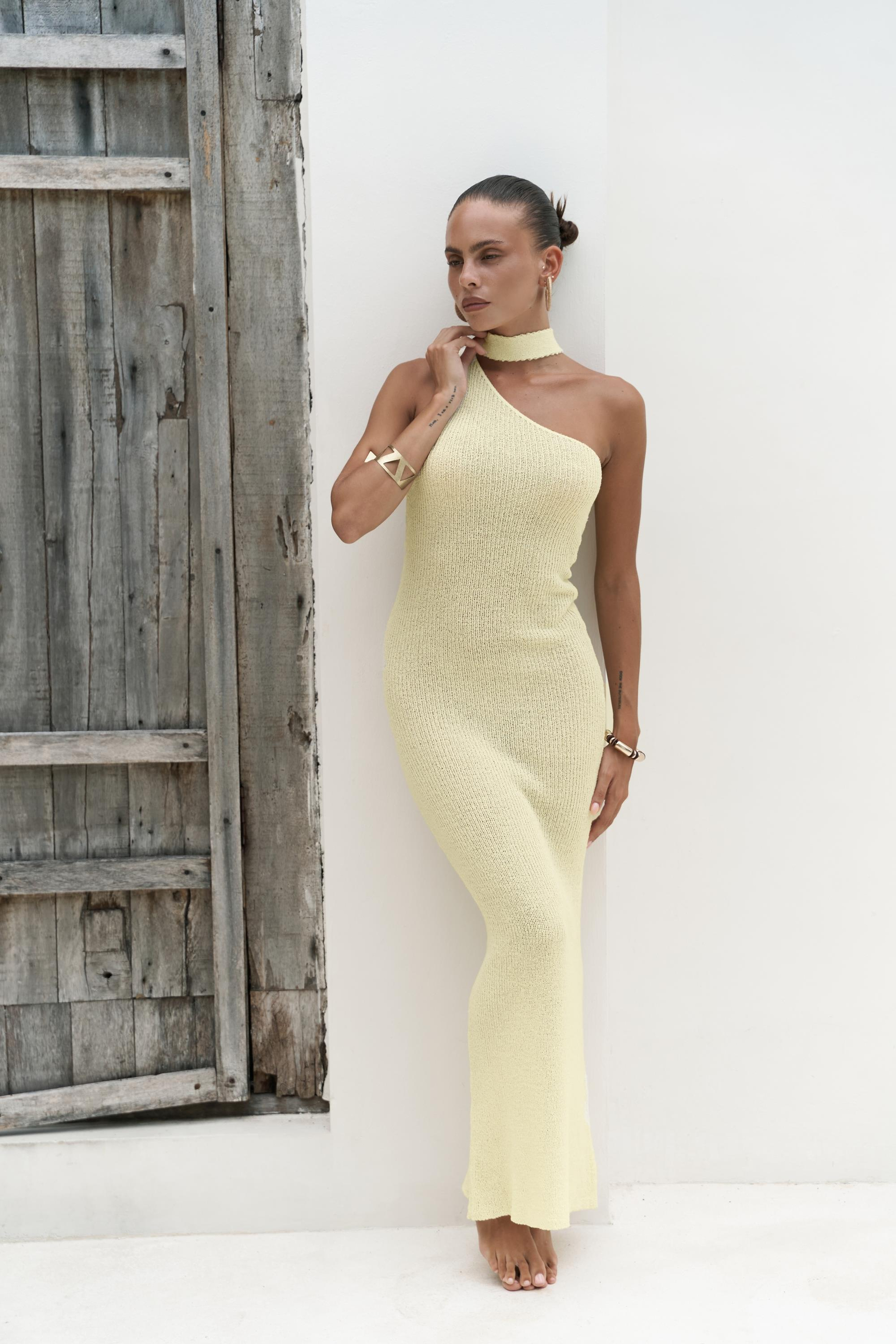 Kamalas Asimetrik Triko Sarı Uzun Elbise