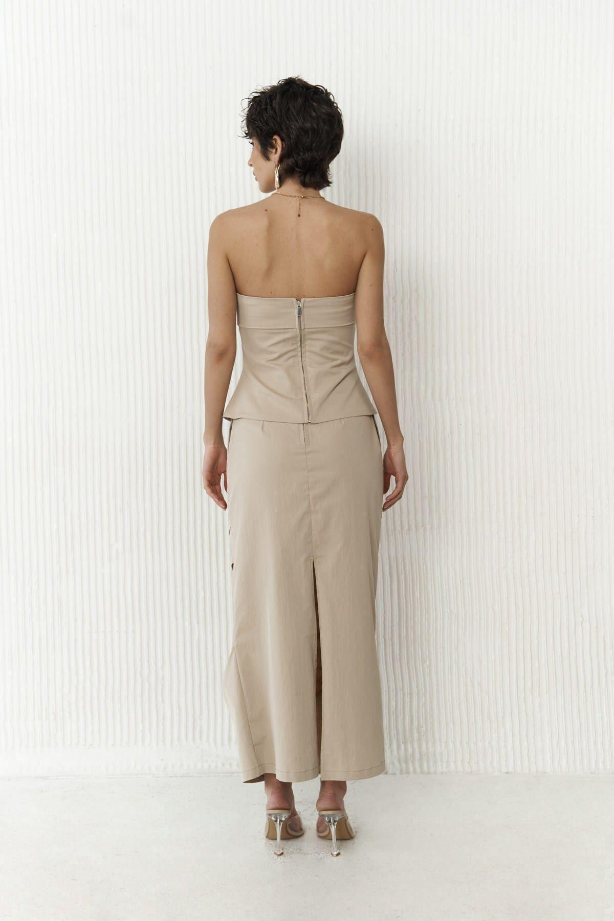 Kamelya Beige Crop&Skirt Set
