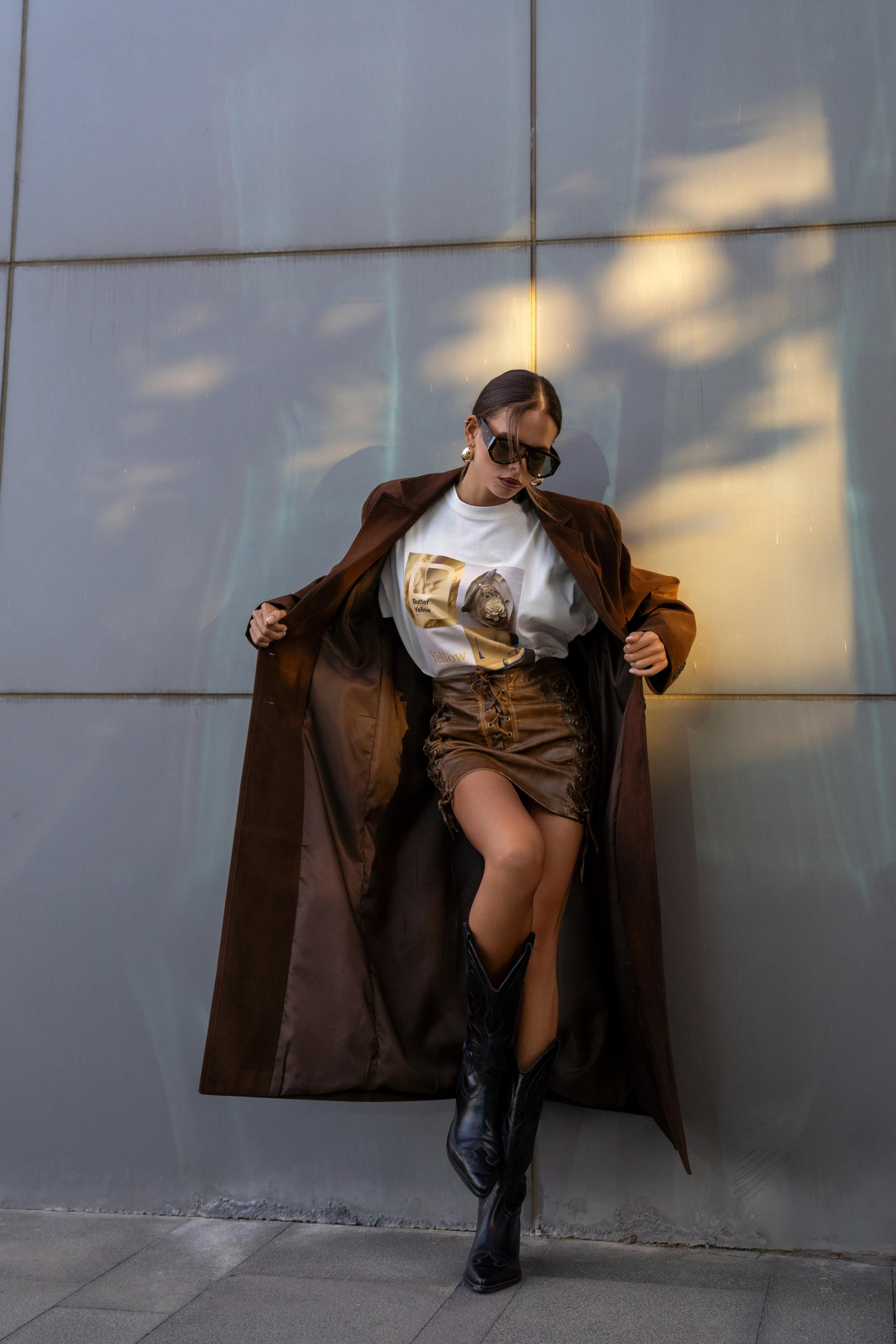 Kason Taba İp Detaylı Suni Deri Mini Etek