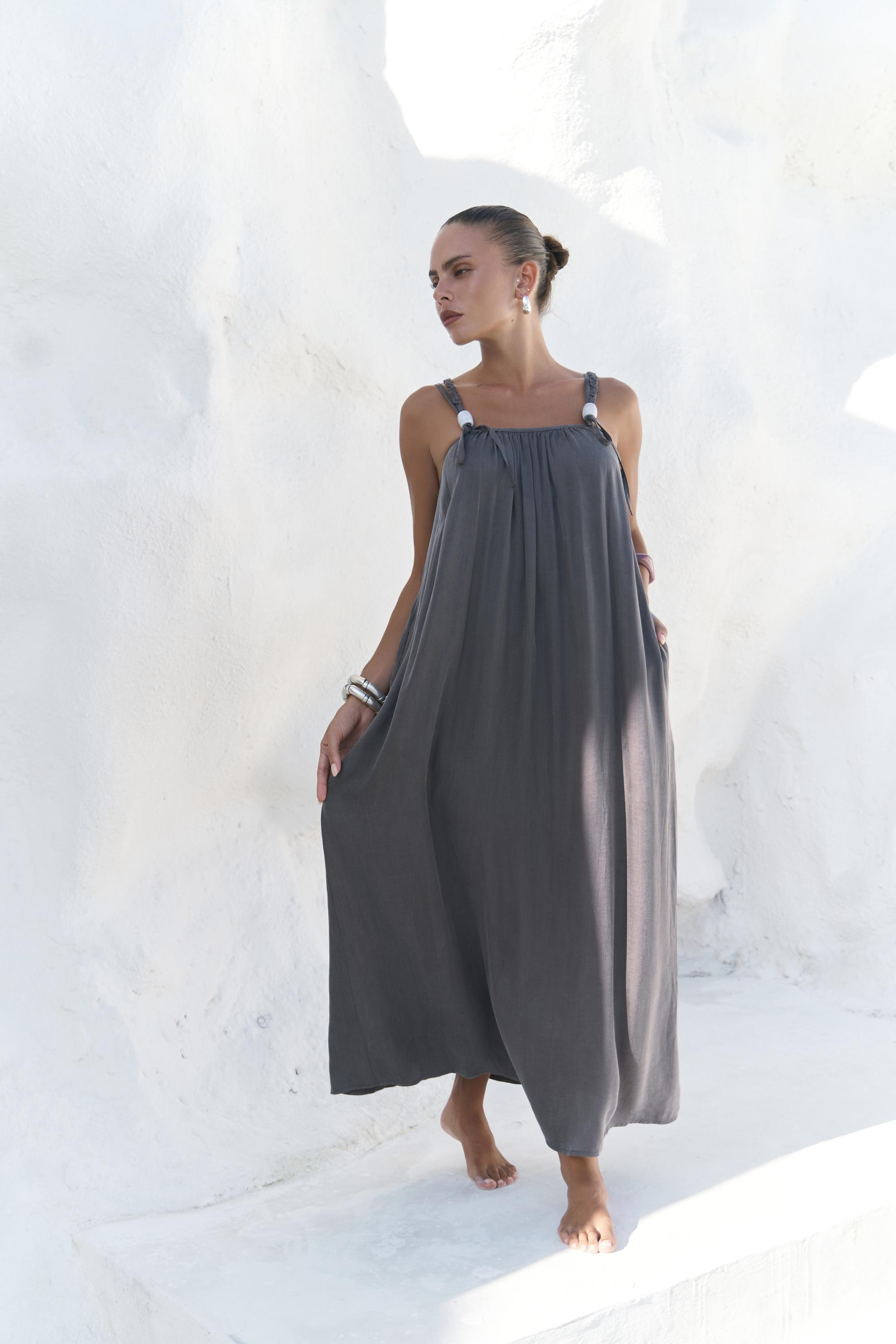 Kasteli Boncuk Detay Antrasit Elbise