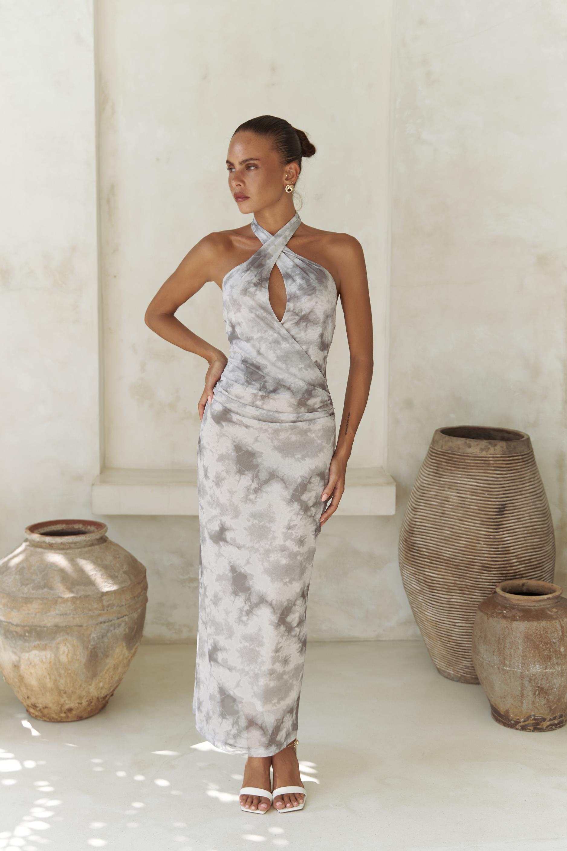 Keefnes Kruvaze Gri Uzun Elbise