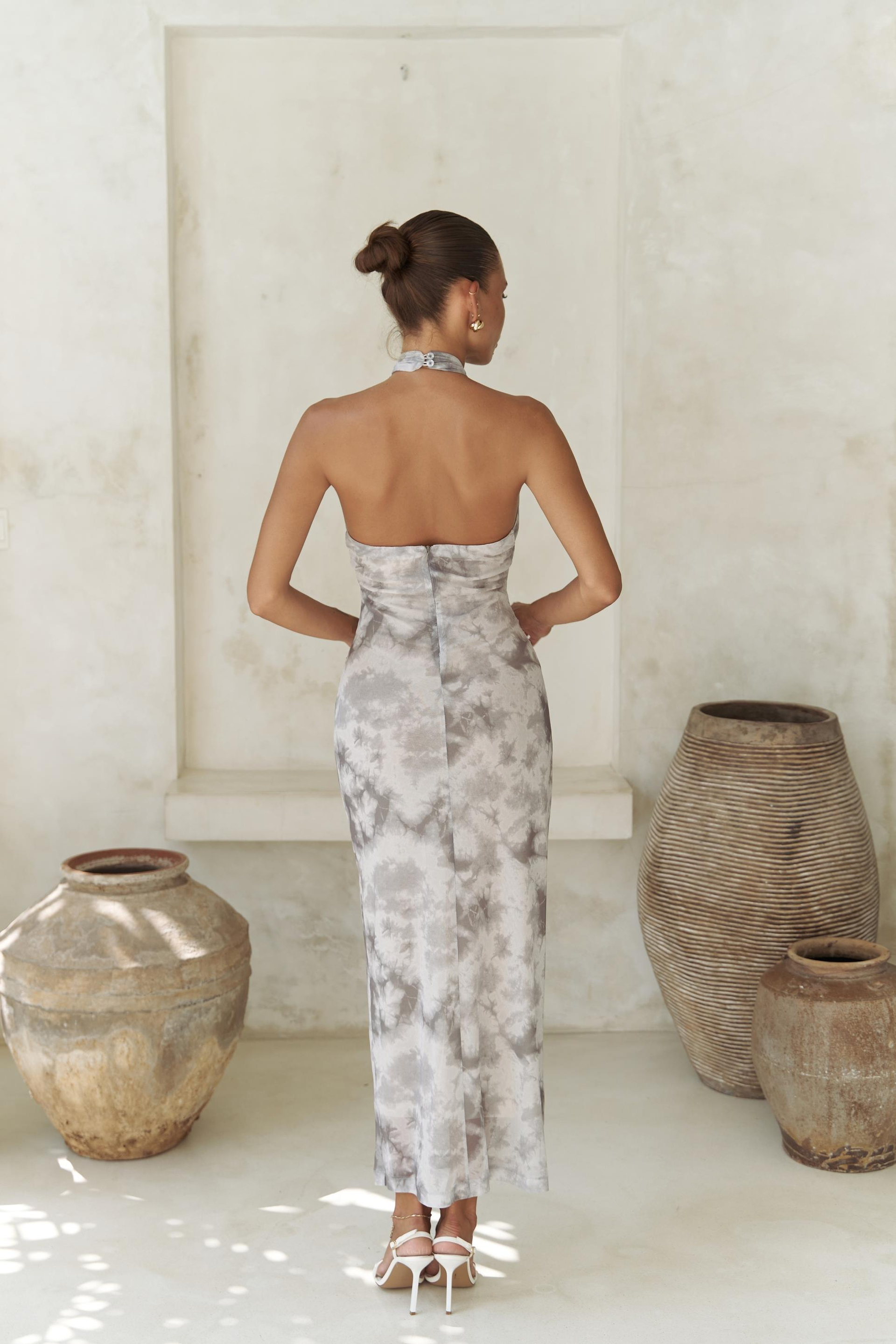 Keefnes Kruvaze Gri Uzun Elbise