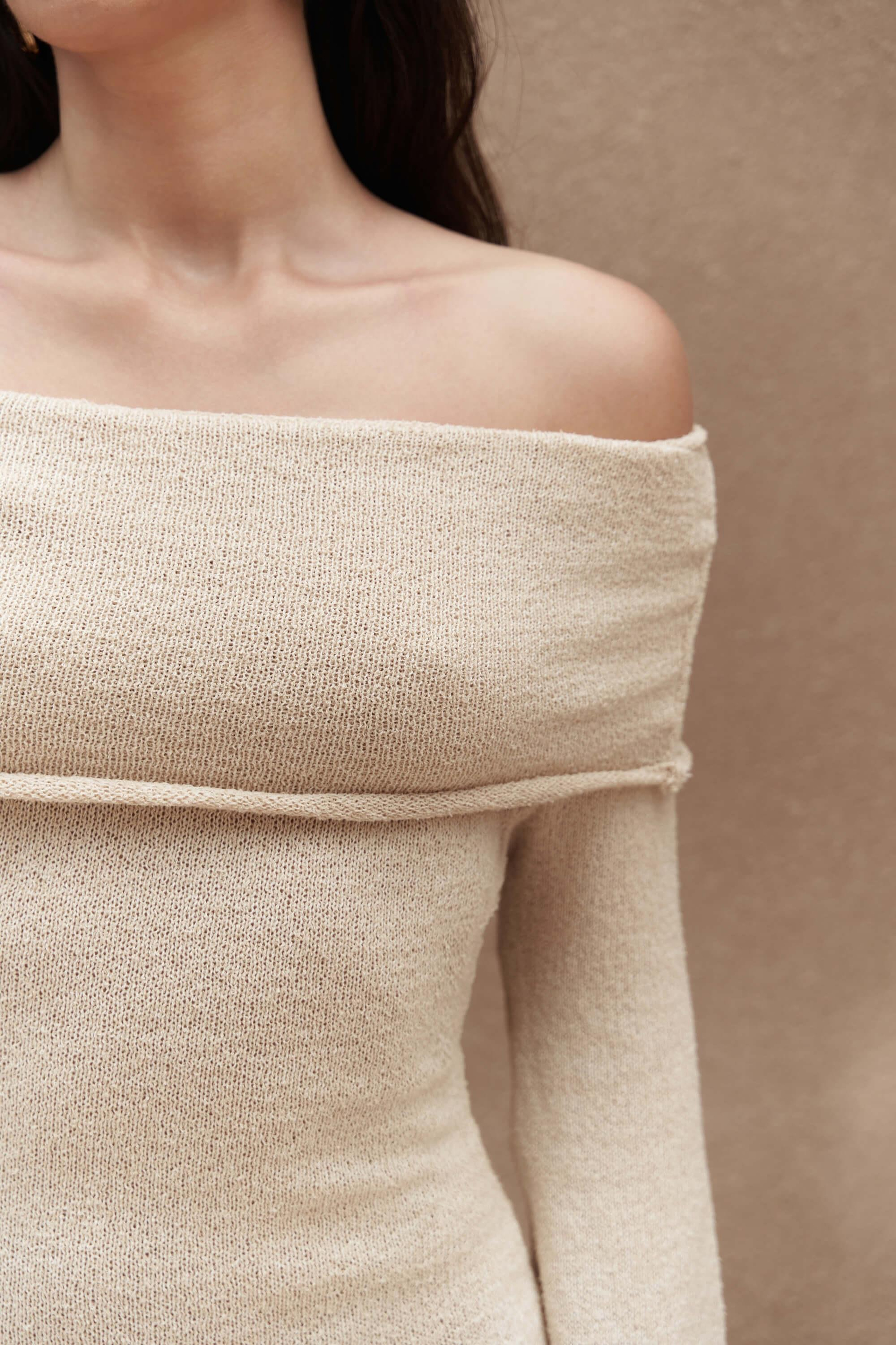 Kirana Carmen Yaka Bej Mini Triko Elbise