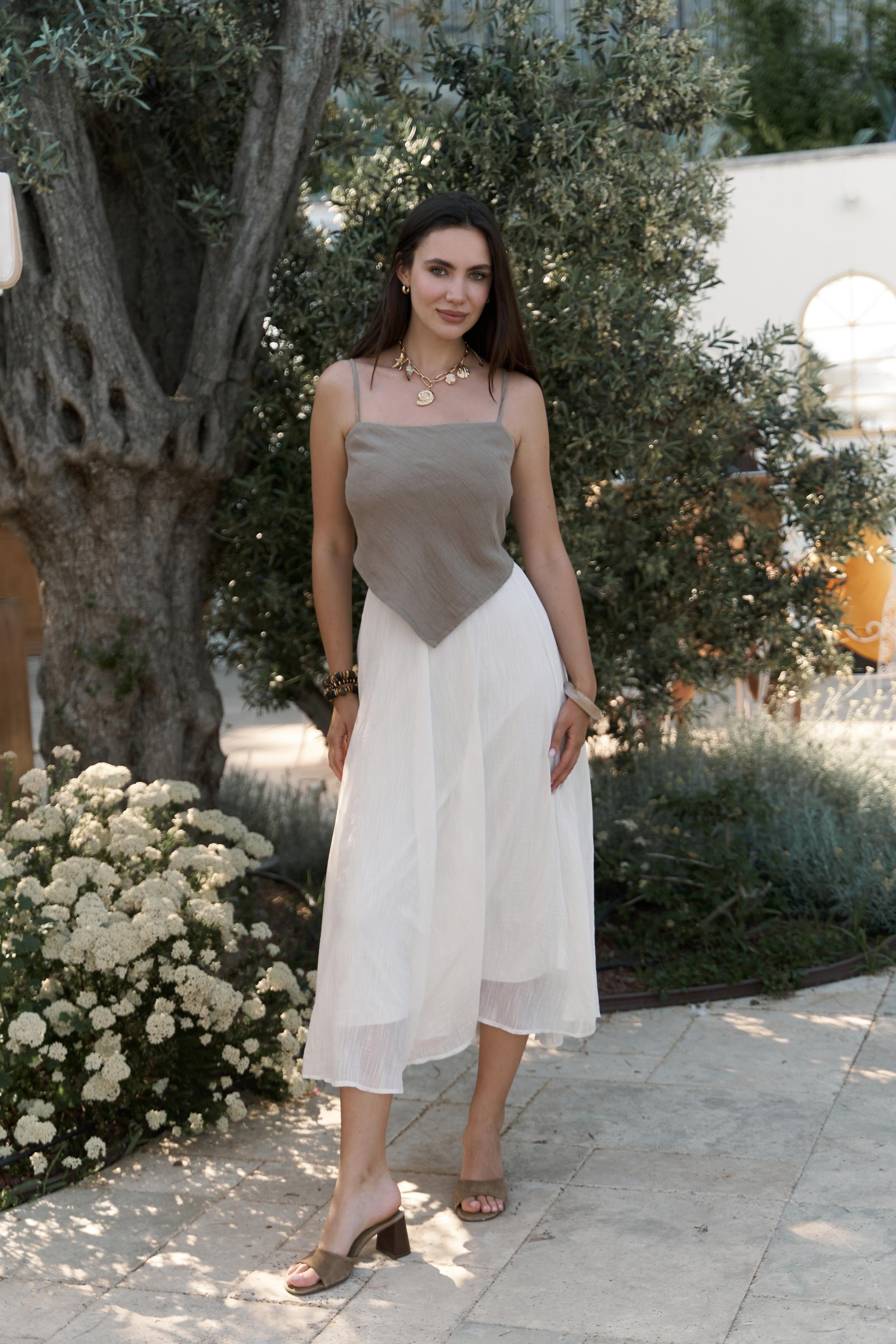 Kita Üçgen Detay Çizgili Haki Keten Crop