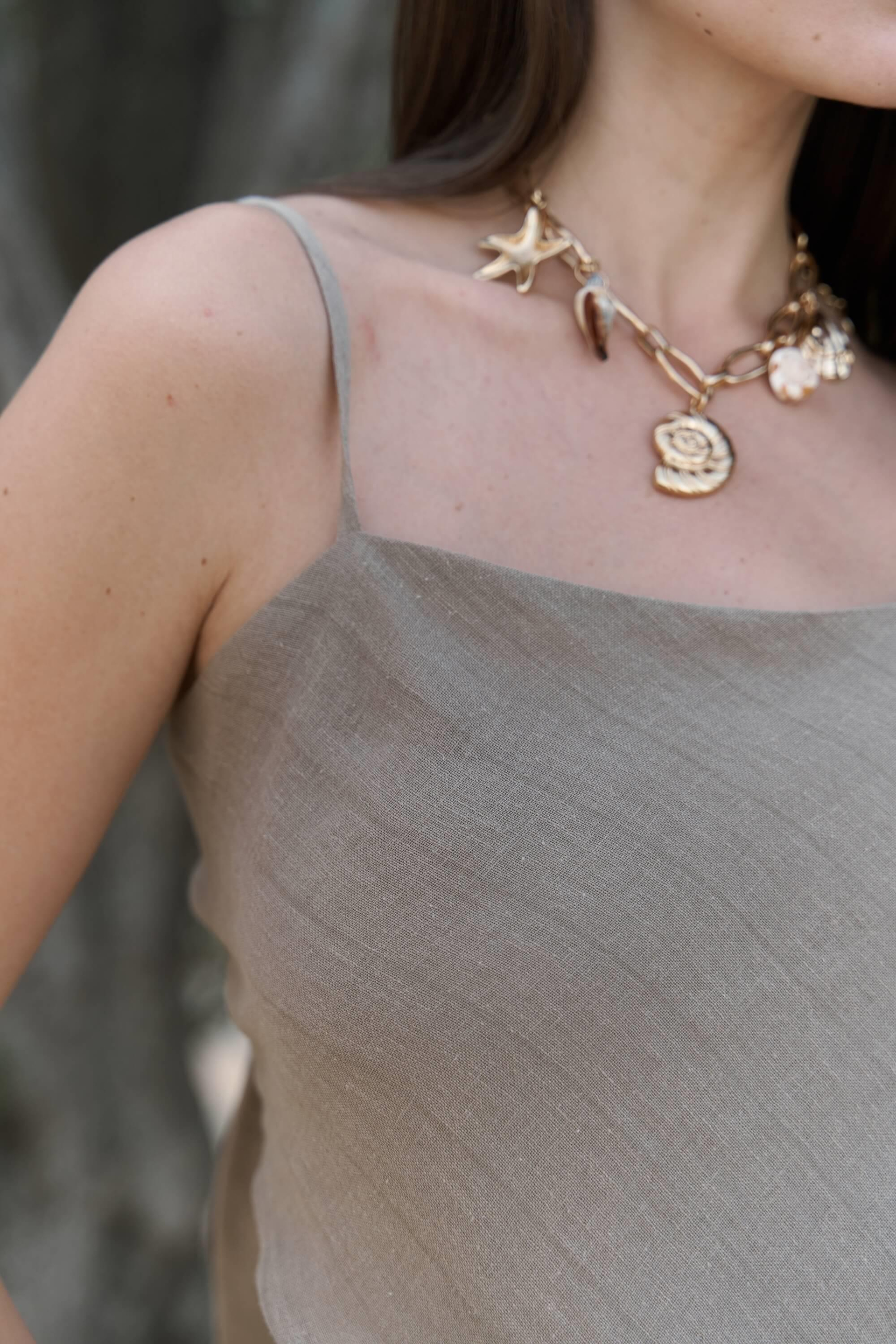 Kita Üçgen Detay Çizgili Haki Keten Crop