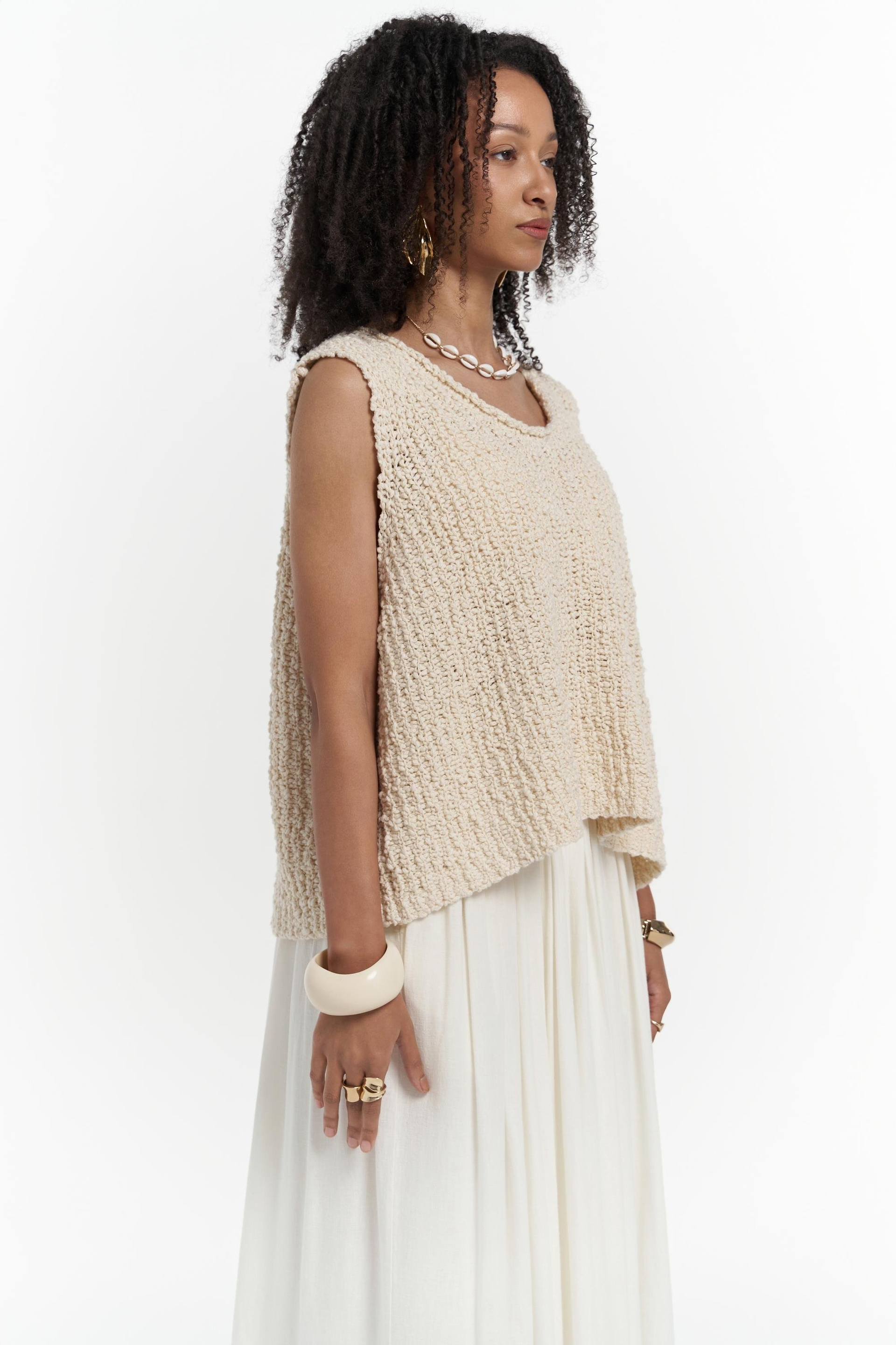 Knitle Rahat Kalıp Triko Bej Crop