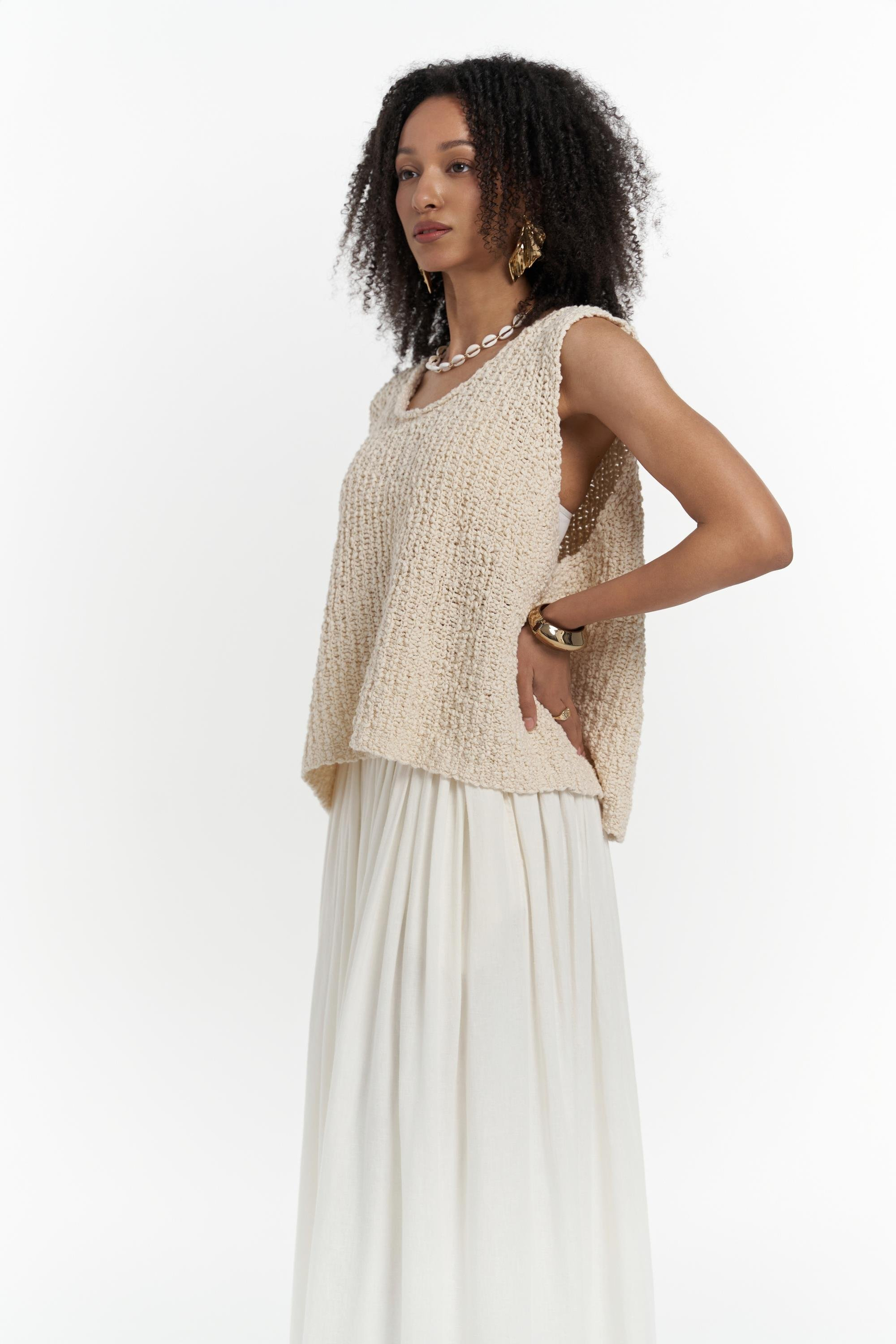 Knitle Rahat Kalıp Triko Bej Crop