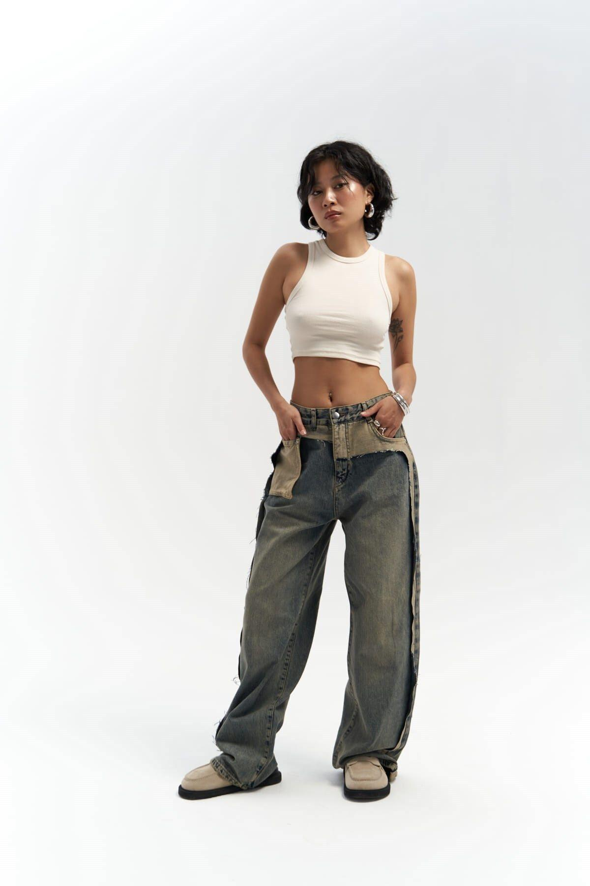 Kristen Dirty Green Jeans with Ripped Detail 
