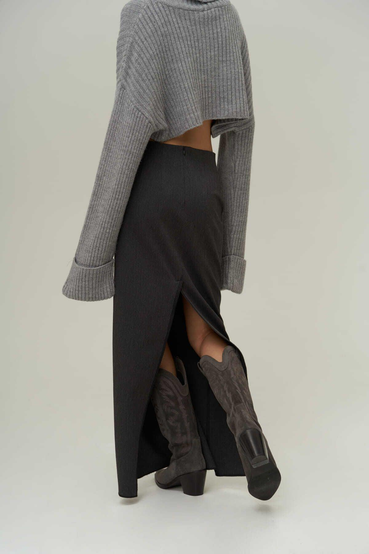 Mai Collection Laden Anthracite Midi Pencil Skirt