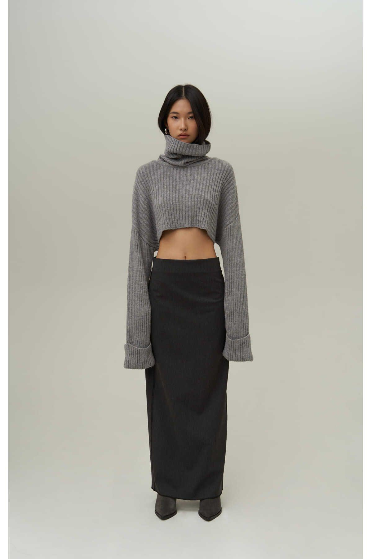 Mai Collection Laden Anthracite Midi Pencil Skirt