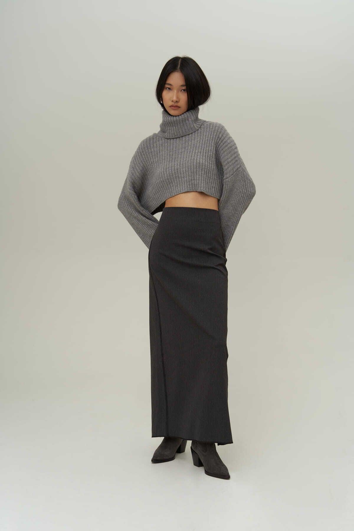 Mai Collection Laden Anthracite Midi Pencil Skirt