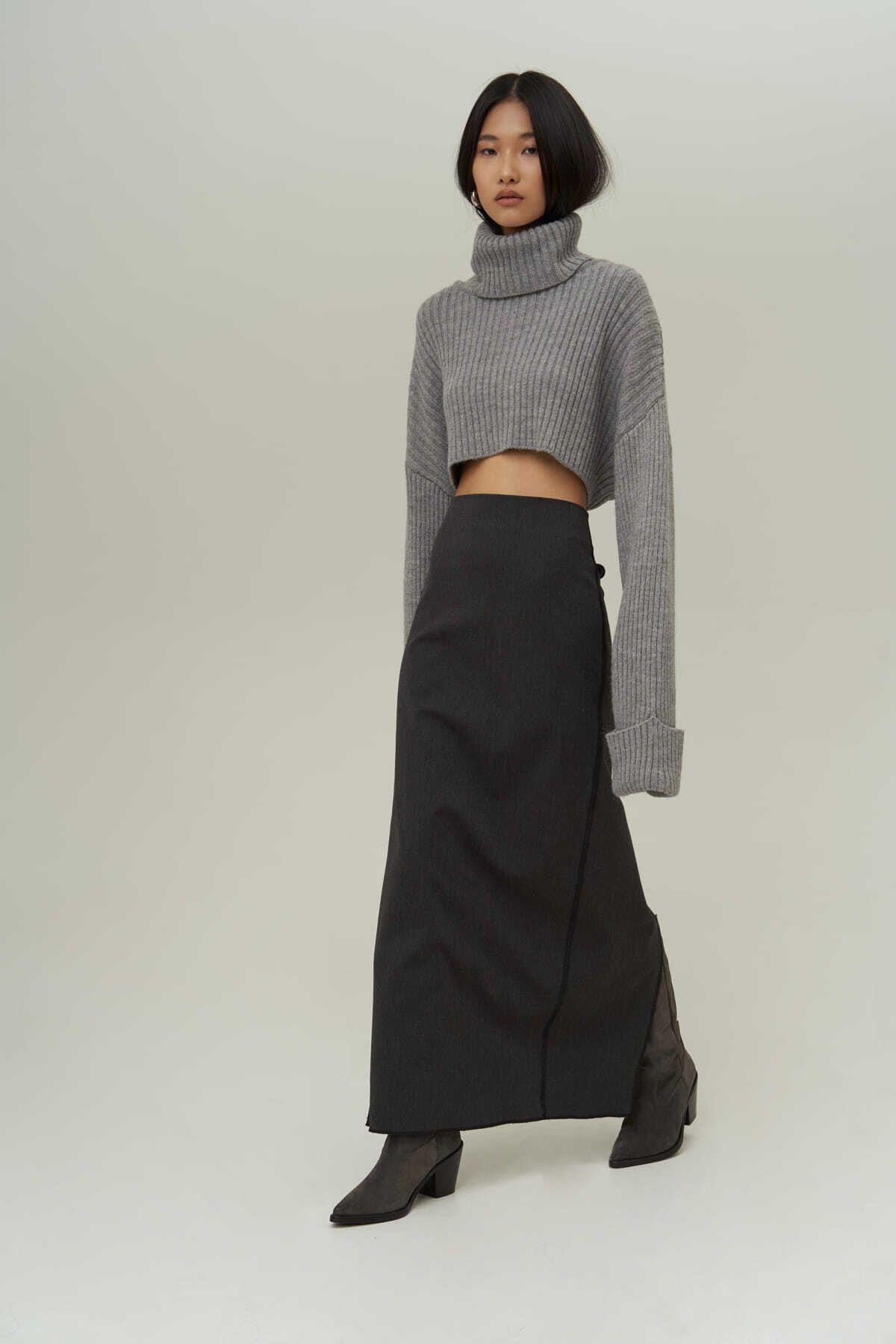 Mai Collection Laden Anthracite Midi Pencil Skirt