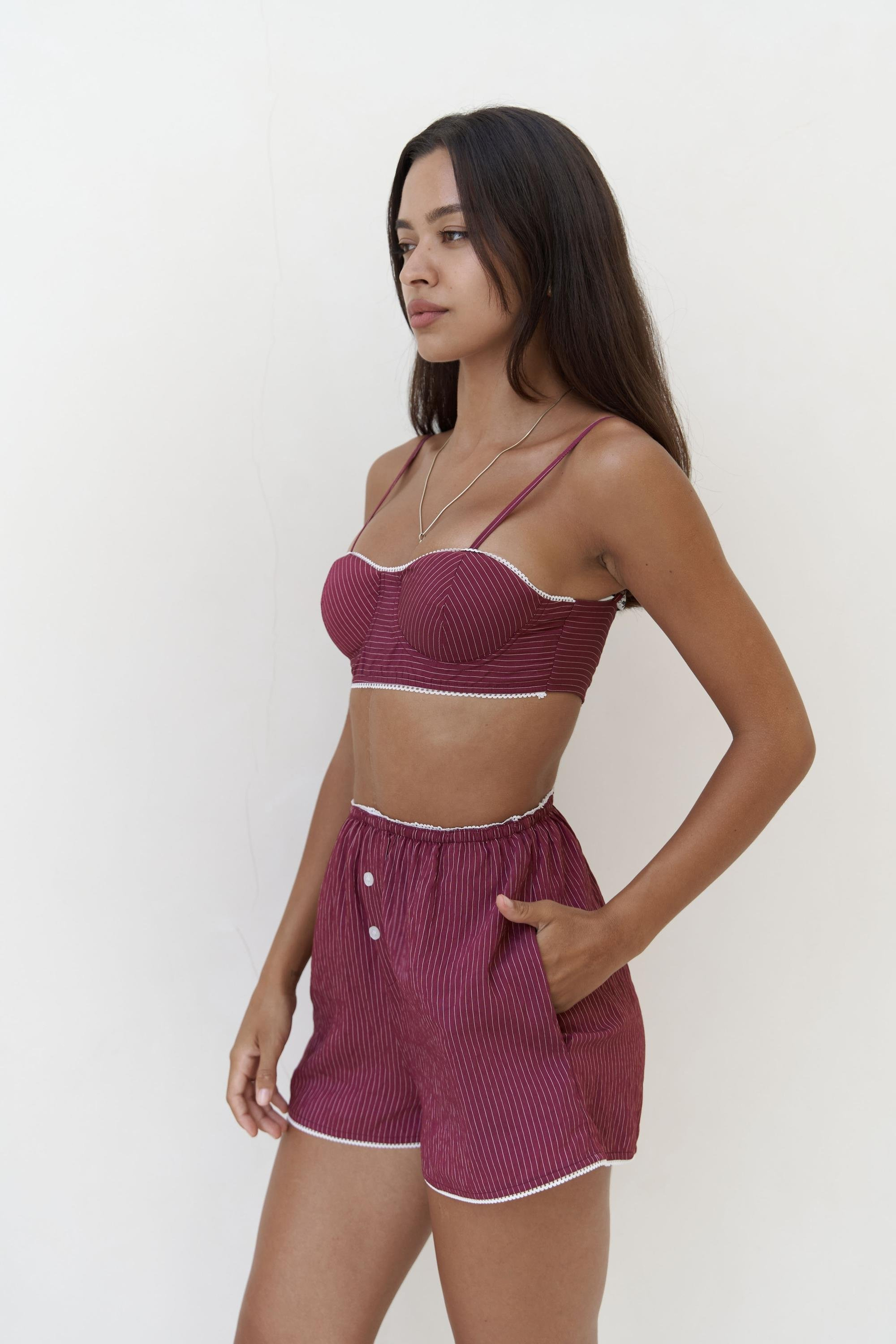 Leda Dantel Detay Şortlu Bordo Üçlü Takım